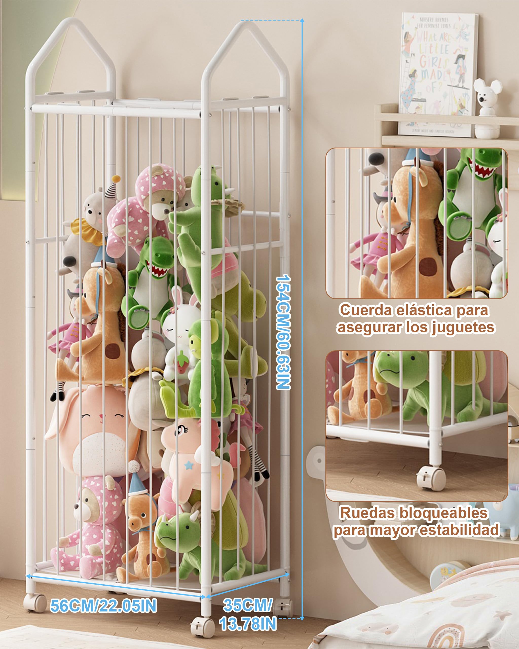 UMDONX Organizador de Juguetes Grande con 4 Ruedas Giratorias y Frenos 360° | Armario de Almacenamiento Alto para Peluches (Blanco, 56x35x154 cm)