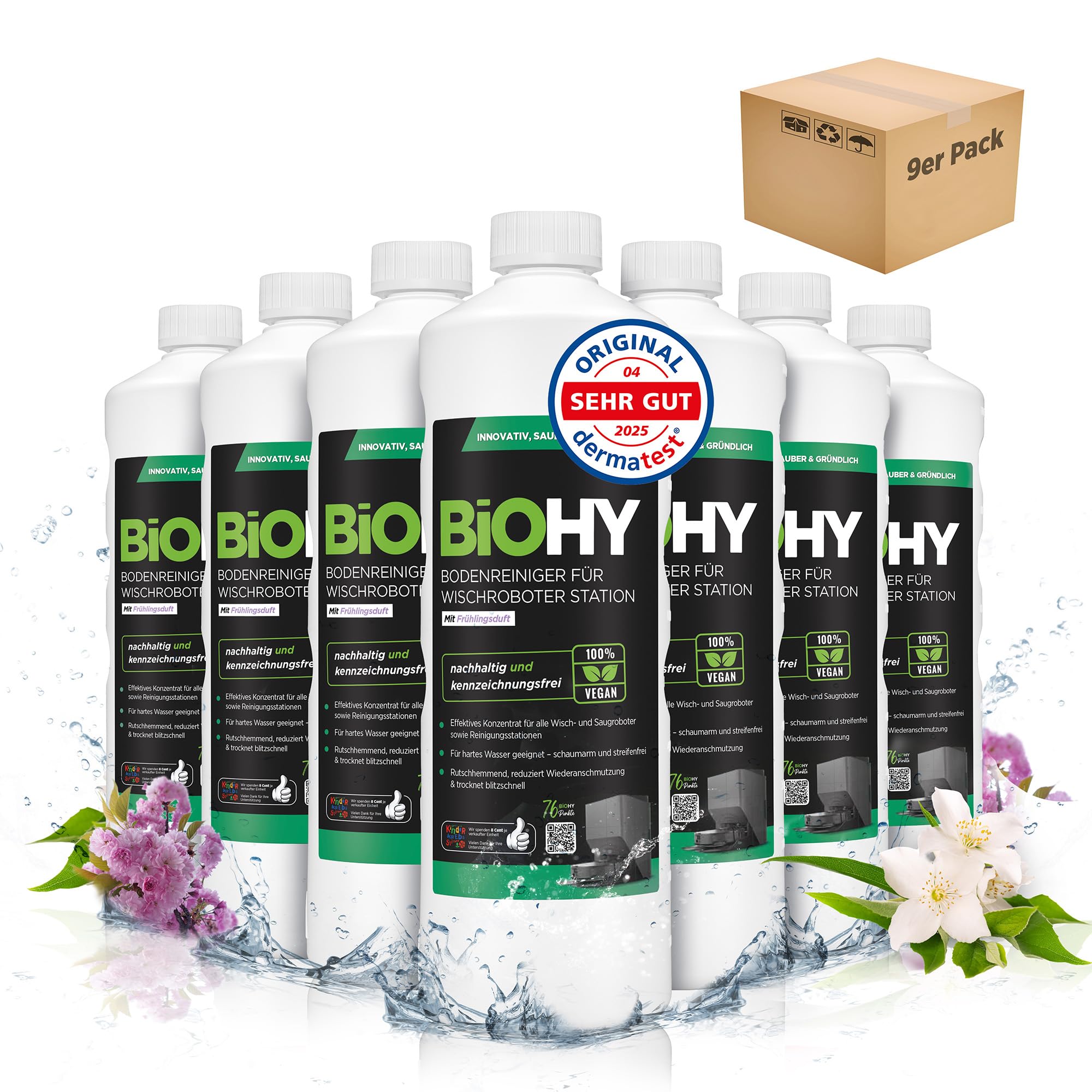 BiOHY Limpiador de suelos para robot limpiador estación con aroma primaveral (9 x 1 litro) | Detergente concentrado para todos los robots limpiadores y aspiradores con función húmeda | Poco espuma y