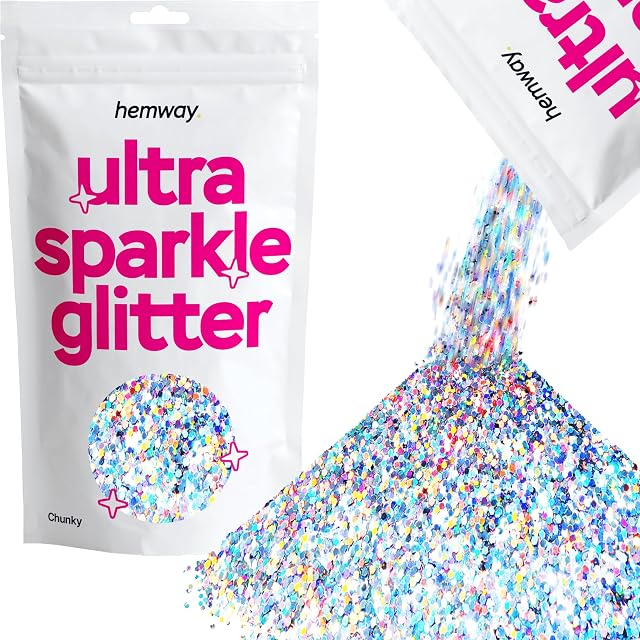 Hemway Premium Ultra Sparkle Glitter Multi Purpose Metallic Flake for Arts Crafts Nails Cosmetics Resin Festival Face Hair - Silver Holographic - Chunky (1/40" 0.025" 0.6mm) 100g / 3.5oz