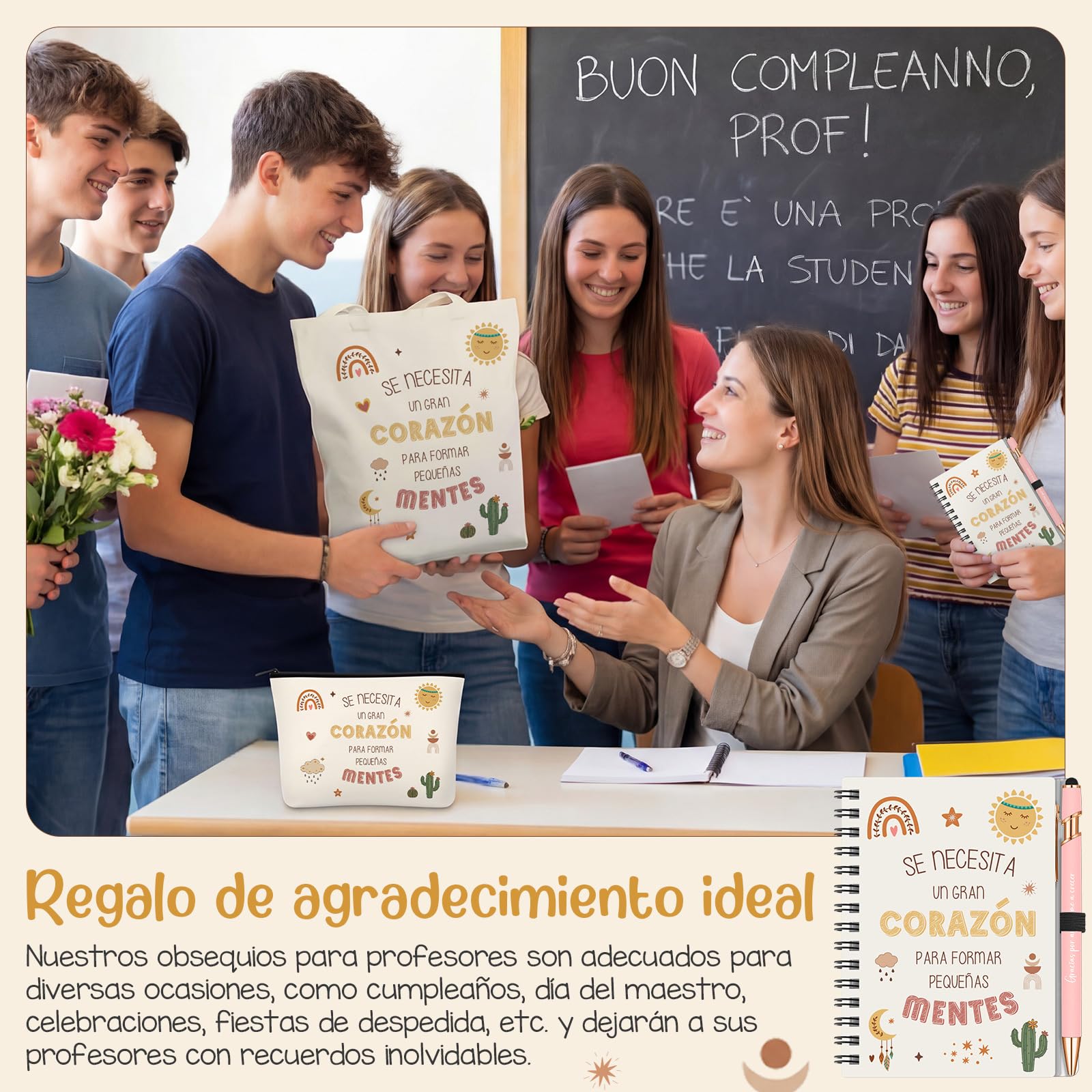 BBTO Set de 7 Piezas Regalo de Agradecimiento para Maestra Bolsa de Compras Neceser de Maquillaje Cuaderno Bolígrafo Llavero Marcapáginas Tarjeta Sobre Regalo para Profesore Graduación Fin de Curso