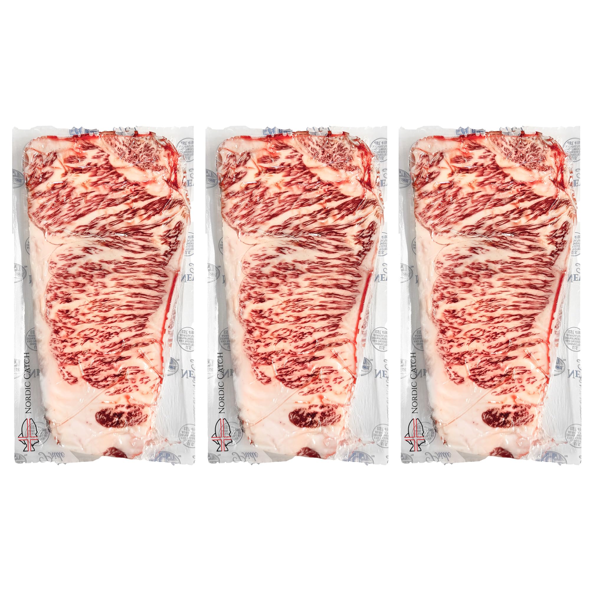 Nordic Catch - Grade A5 Japanese Wagyu Beef, New York Strip Steak Without Bone, Fresh Thick Cut, Two Portions of A5 Wagyu Steak, Skin-Packed 100% Authentic from Kagoshima Reserve - 14oz - (3 Pack)