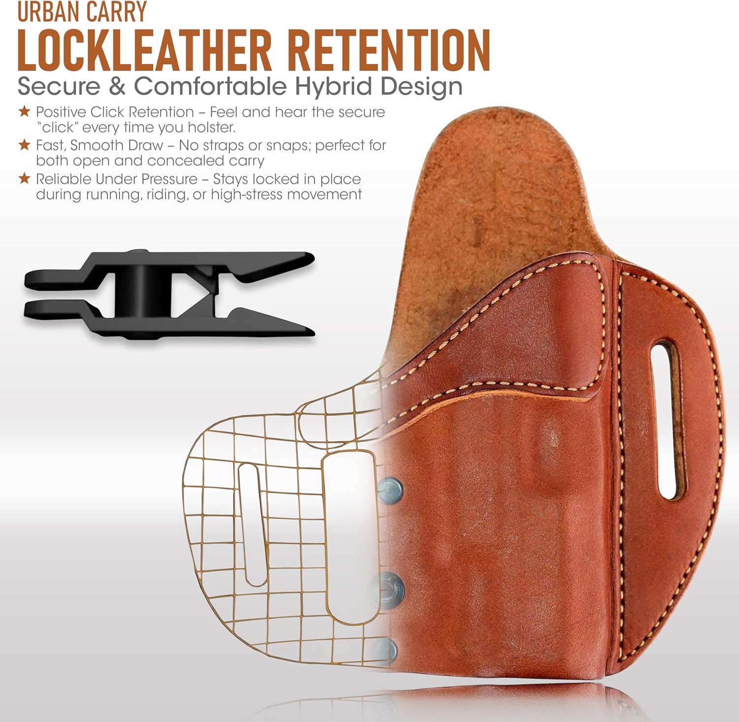 Urban Carry LockLeather OWB Holster | Leather & Kydex Concealed Carry Gun Holster for Men – Secure Slide-Lock System – Compatible with a Wide Range of Firearms – Classic Brown, #201 - Right Hand