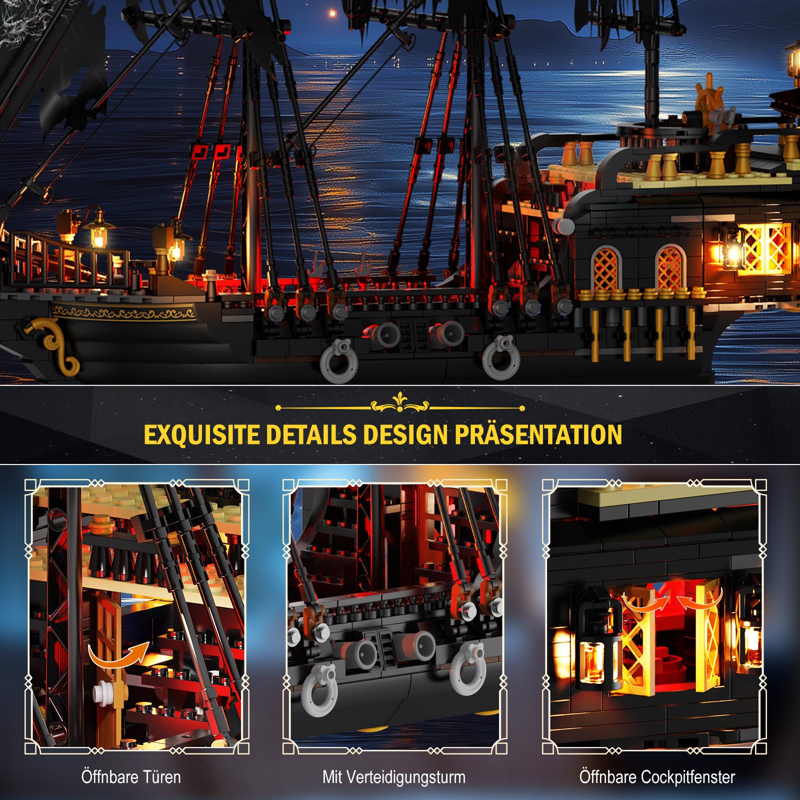 Piratenschiff Baustein Set mit Lichtern, Pearl Piratenschiff Modell Klemmbausteine für Sammler & Deko, Geschenk für Erwachsene Jugendliche Männer Jungen(1713 Stück)