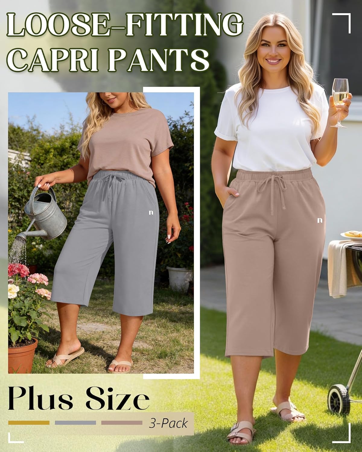 Neer 3 Pack Women's Plus Size Capris,Wide Leg Loose Pants Casual Drawstring Capri Sweatpants Drawstring Pants with Pockets - Image 4