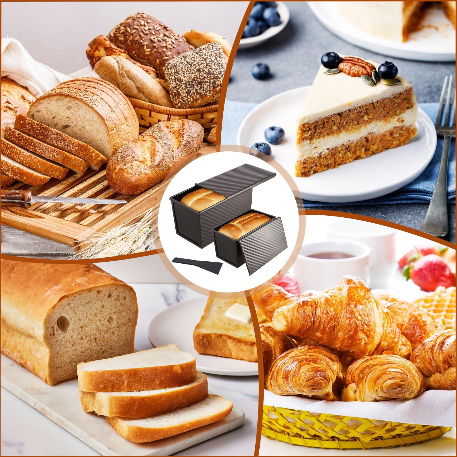 2 pièces moule à pain de mie acier carboné antiadhésif, couvercle inclus, ventilé, grattoir fourni, résistant à 220°C, patisserie
