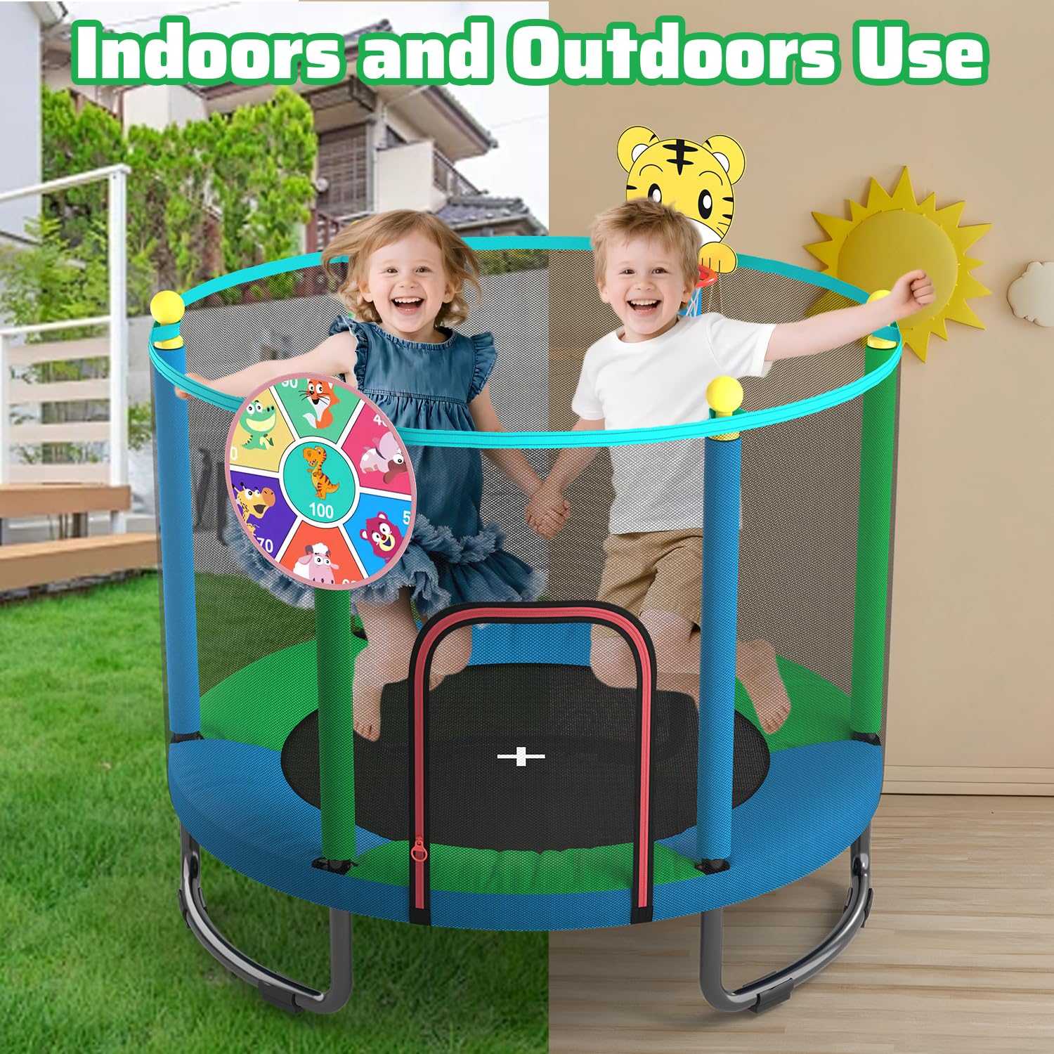 Trampolín Infantil de 150 cm para Interior y Exterior. con Red de Seguridad, aro de Baloncesto y Accesorios de Juego. Regalo de cumpleaños y Navidad para niños y niñas