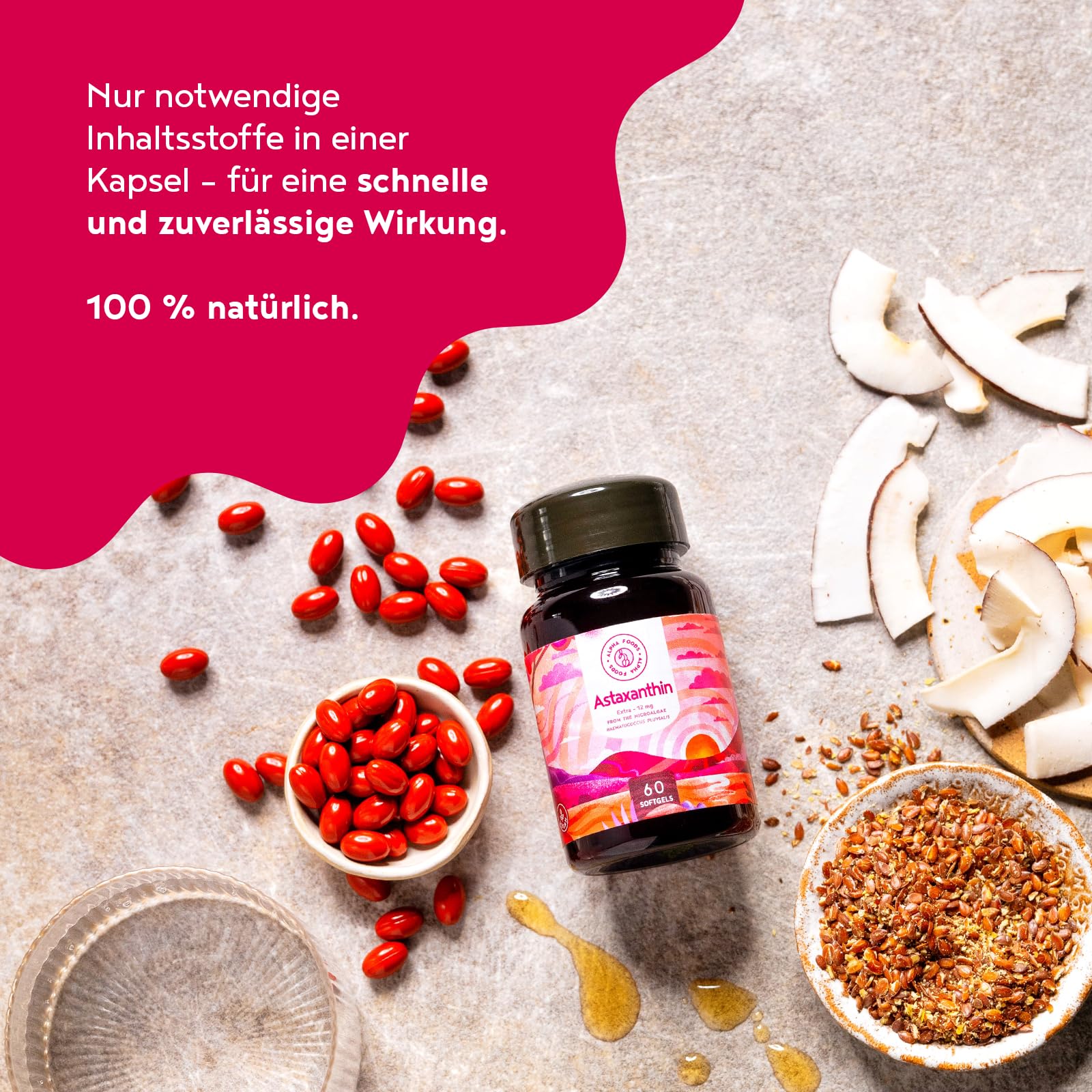 Alpha Foods Astaxanthin Hochdosiert 12mg, 60 Depot Softgel Kapseln (4 Monate Vorrat, 1 Kapsel jeden zweiten Tag), Haematococcus Pluvialis, vegan, hohe Bioverfügbarkeit