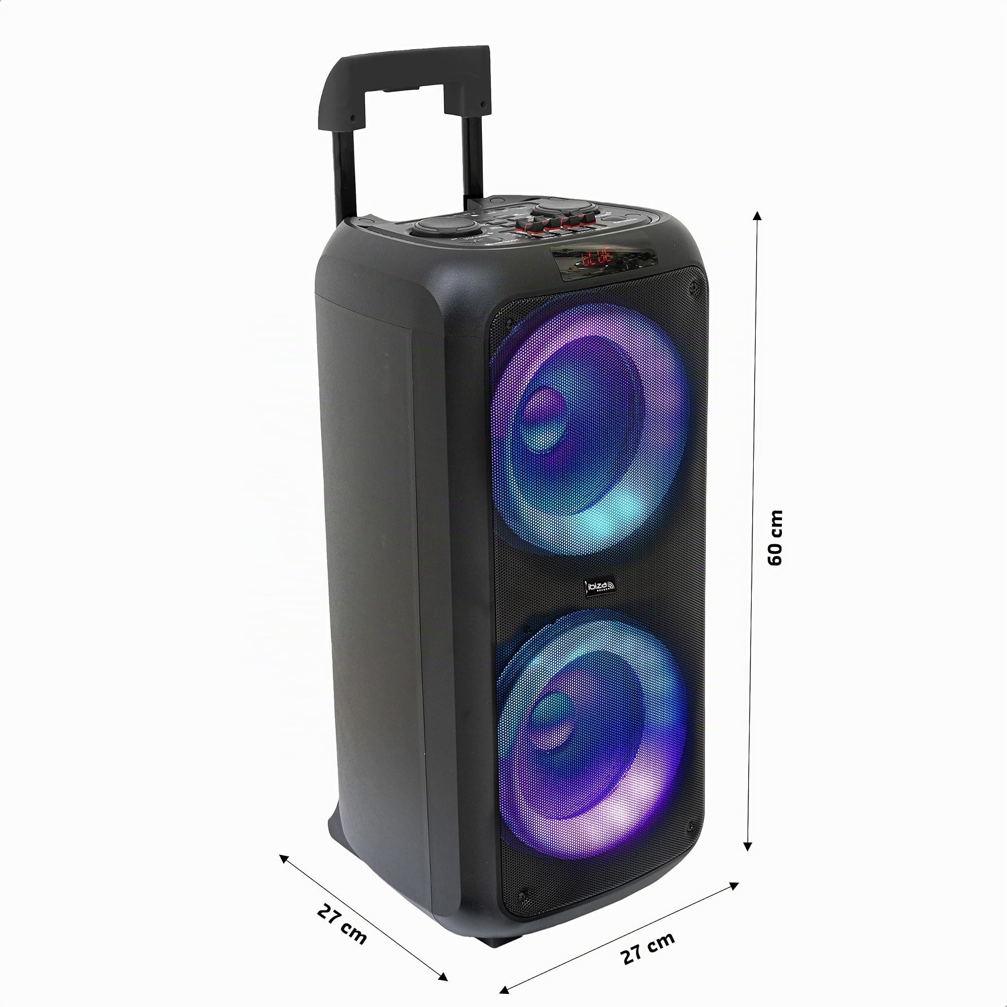 Ibiza - VENUS600 - Alatavoz portátil a Pilas 2x8/20 cm, 600W con Efecto de luz en el Panel Frontal y micrófono con Cable - Bluetooth, USB, microSD, AUX y Mic - Negro