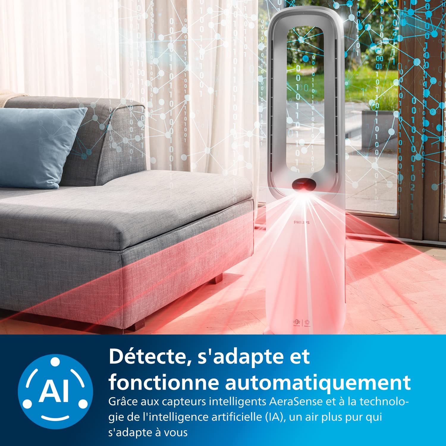 Philips Purificateur d'air Série 7000 - Purificateur & Ventilateur 2en1, jusqu'à 70 m², Élimine 99,97% des Allergènes et Polluants, Filtre HEPA, Capteurs Intelligents, Appli Air+, Blanc (AMF765/10)