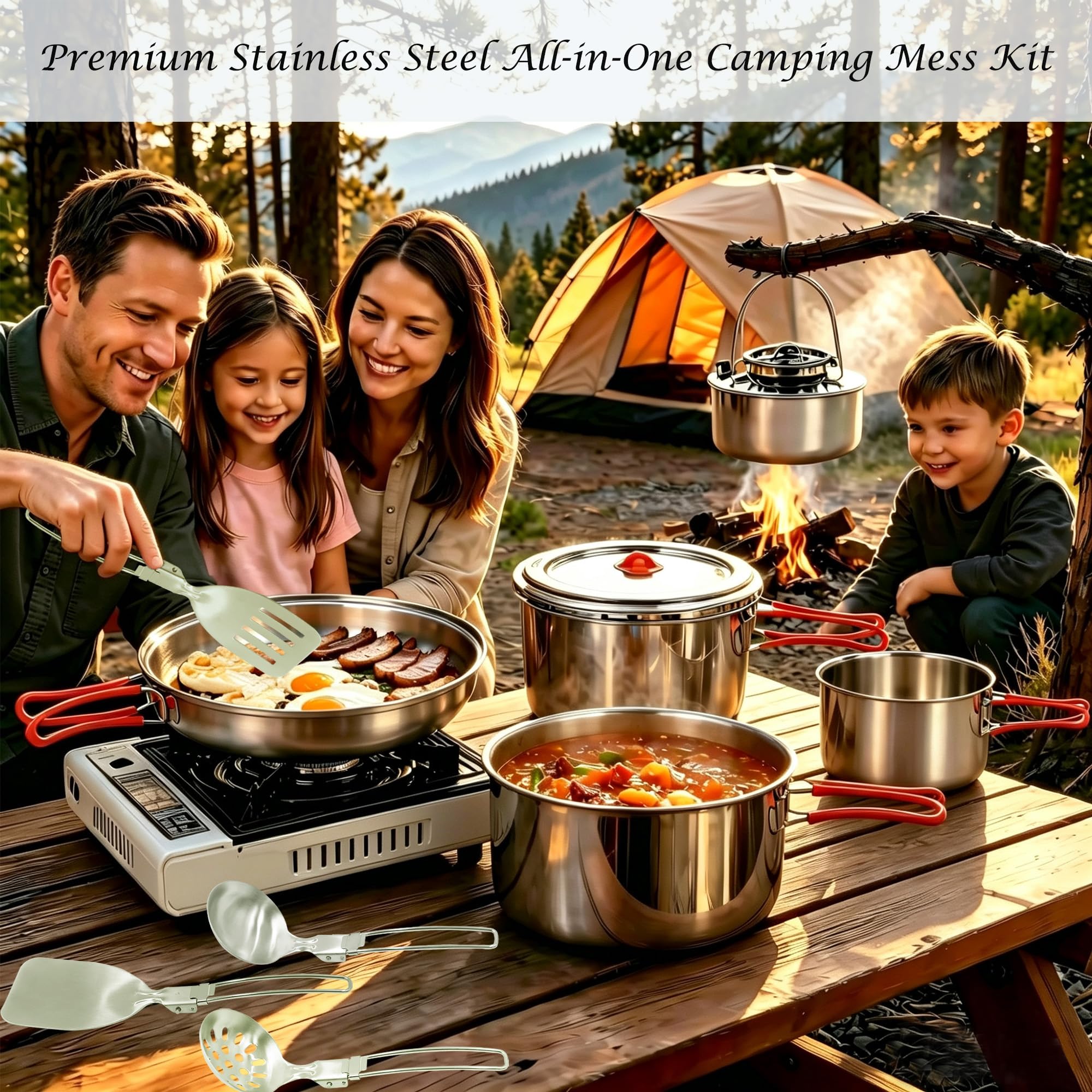 Set di pentole da campeggio in acciaio inox 18/8, dimensioni familiari, da 6 a 8 persone, pentole e padelle con utensili e bollitore, kit da cucina all'aperto con borsa per il trasporto