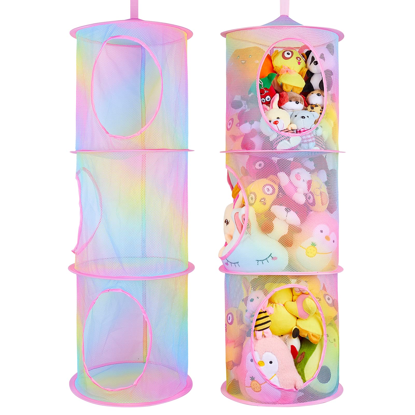 Beinou Toy Hammock Stuffed Animals Storage 2Pcs Hanging Storage Baskets Foldable Mesh Net 3 Tiers Large Plush Toy Organizer for Kids Bedroom Nursery