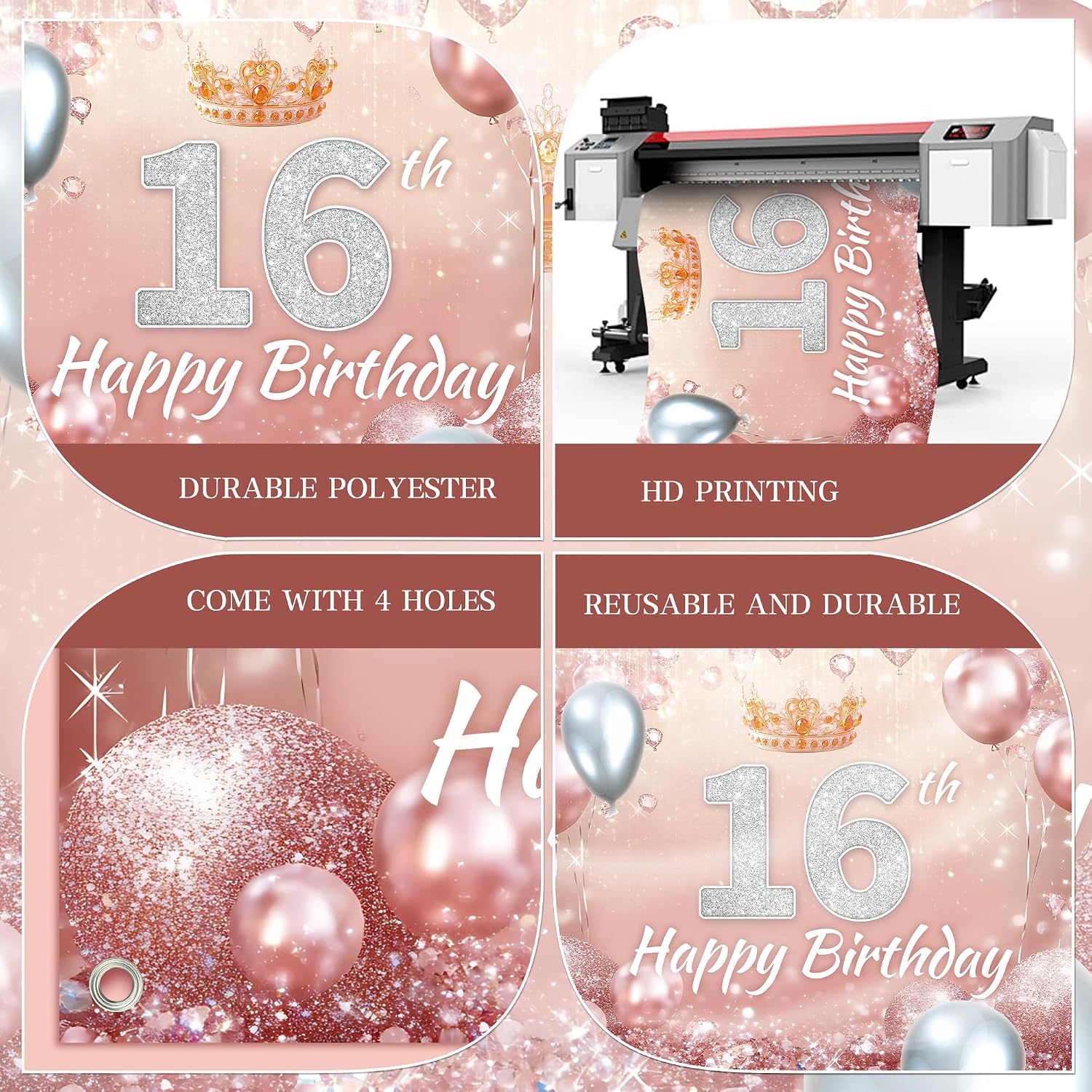 Rose Pink Happy 16th Birthday Banner Backdrop Diamond Glitter Theme Background Decor for Girls Princess Birthday Party Celebration Decorations Supplies 72x43in-BECKTEN image 5