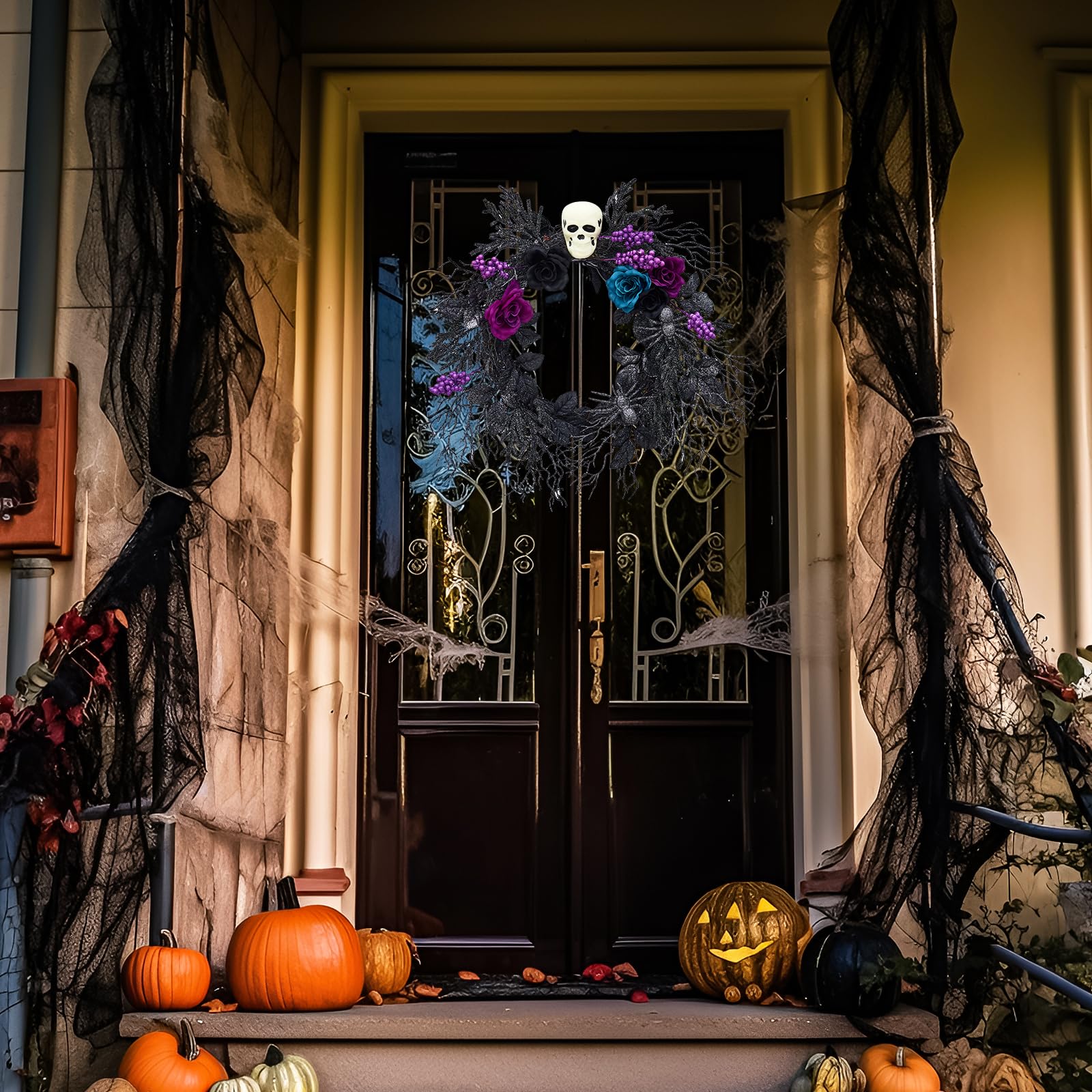 GarveeLife Wieniec z czaszką na Halloween na drzwi wejściowe ze światłami, 50 cm, wstępnie oświetlony, czarny, fioletowy, różany pająk, gotycka girlanda, przerażająca dekoracja, do domu, na ścianę,