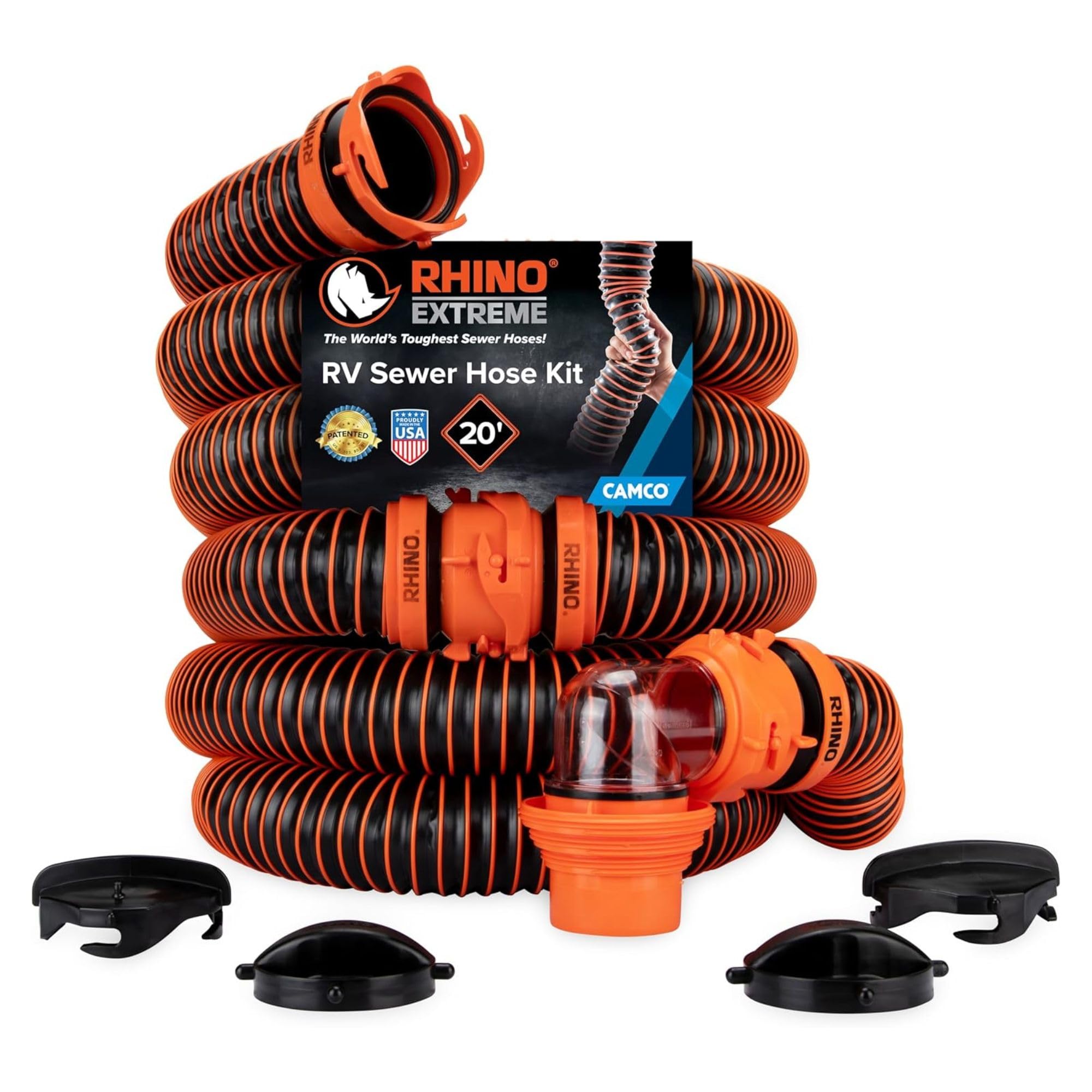 Camco RhinoEXTREME 20' RV Sewer Hose Kit – Premium Sewer Kit — Pre-Assembled & Ready-to-Use — Includes 4-in-1 Dump Station Adapter & Storage Caps — Crush & Abrasion Resistant (21012)