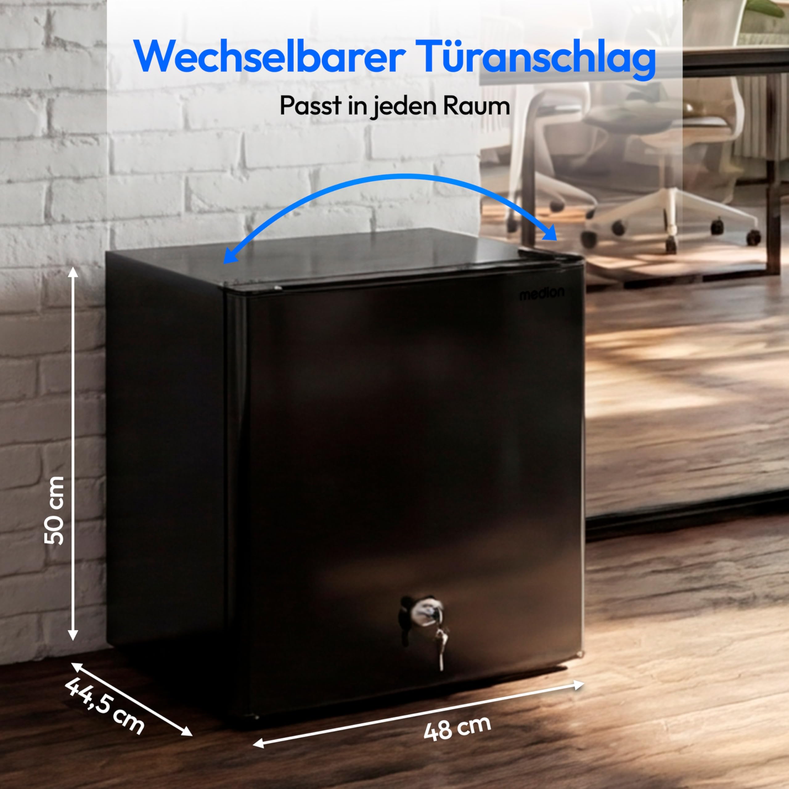 MEDION Mini Kühlschrank mit Schloss und Eisfach (klein, leise, abschließbar, 42L kleiner Kühlschrank für Büro Hotels Minibar Camping Gaming, Speisen & Eis, Türanschlag wechselbar, MD 370001) schwarz