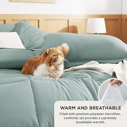 Miniatura 4 de Bedsure Sage Green King Size Comforter Set - 7 Pieces Solid King Bed in a Bag, King Bed Set Sage Green with Quilted Warm Fluffy Comforters, Sheets,