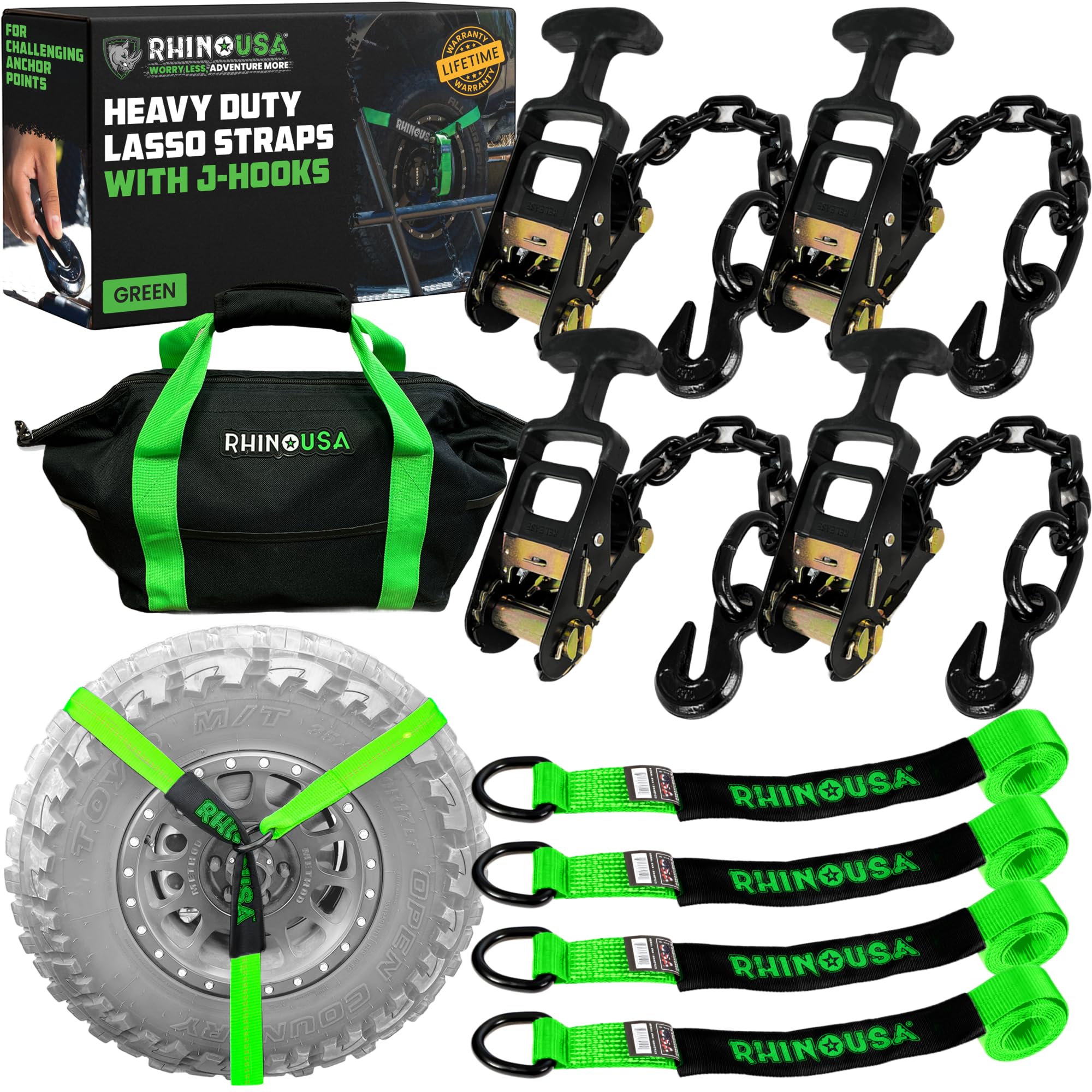 Rhino USA Car Tie Down Straps for Trailers with J Hooks (4-Pack) - 2 Inch x 8 Feet (10,000lb Break Strength) - Heavy Duty T-Handle Car Hauler Tire Straps for Trailer & UTV with Lasso Straps - Green