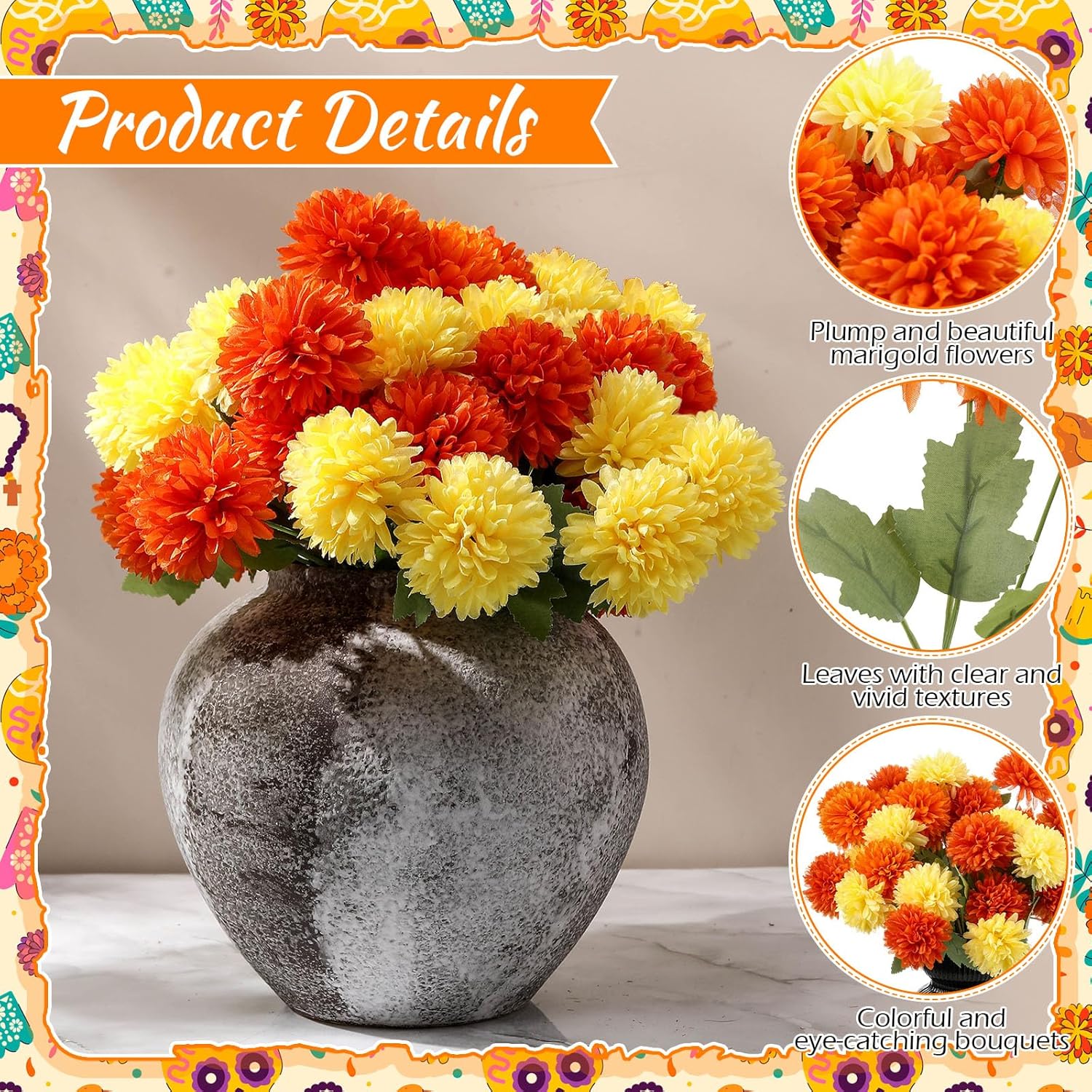Suncalla 10 Bundles Artificial Marigold Flower Faux Chrysanthemum Flower Fake Silk Fall Ball Florals Bouquet for Autumn Day of The Dead Home Decor Indoor Arrangement Table Centerpiece (Orange, Yellow)