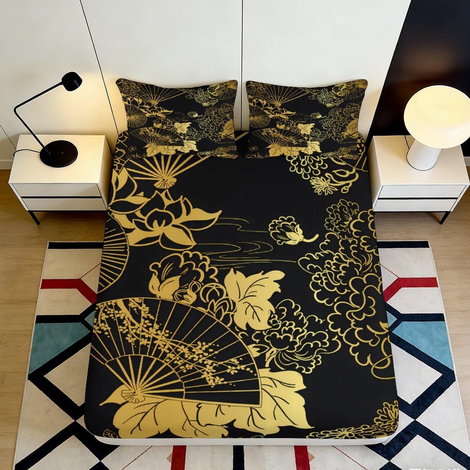 Dhbaneiok Style-8 3D Printed Japanese Golden Lotus Fitted Sheet Microfiber Soft Black Fan Bed Cover For Bedroom Dorm Mattress Decor 90X200x25cm