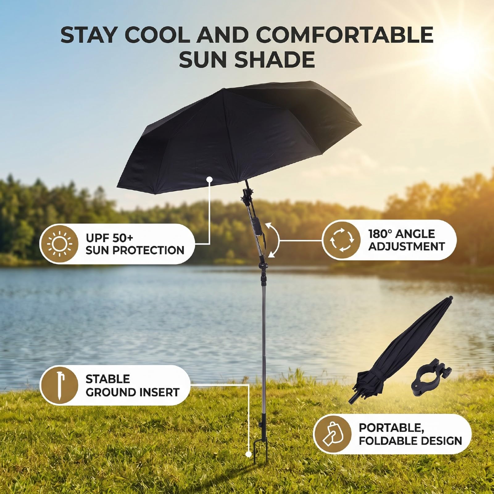 AMONIDA Parasol Plażowy Przenośny Parasol Przeciwsłoneczny z Włókna Szklanego do Biwakowania na Plaży i Wypraw Wędkarskich, z Tkaniny 190T