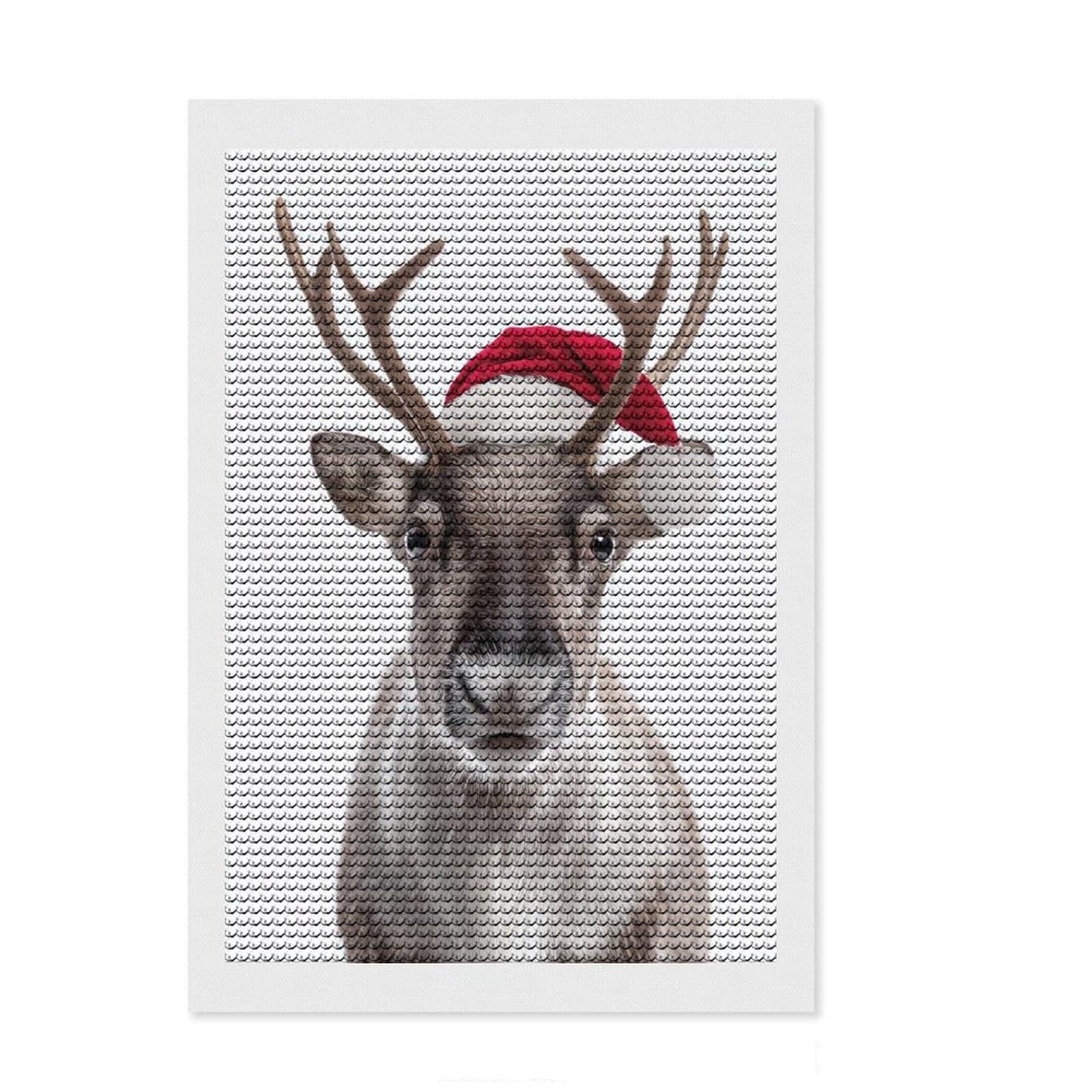 Junmoney Reindeer with Santa Hat Diamond Art Canvas 8"x12", for Creative Relaxation, Pleasing Wall Art Project, Aesthetic Room Decor, Christmas Gift