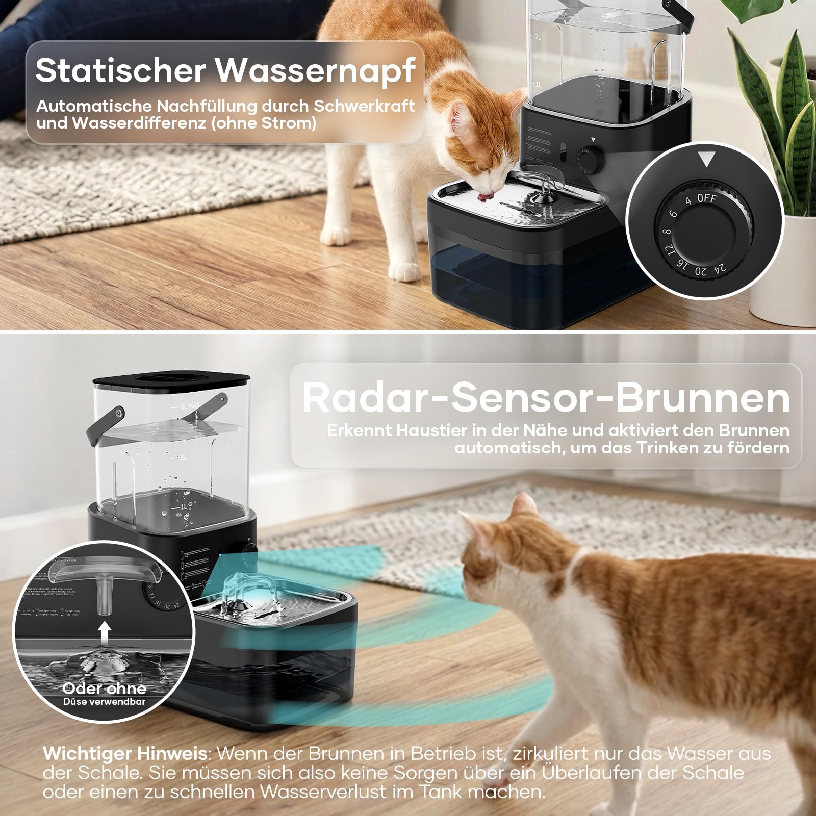 Fontaine a Eau pour Animaux sans Fil et sans Filtre | Séparation de l'Eau Propre et de l'Eau Usée, Bol en Acier Inoxydable, Batterie 4000mAh, Grande Capacité 3L, Noir