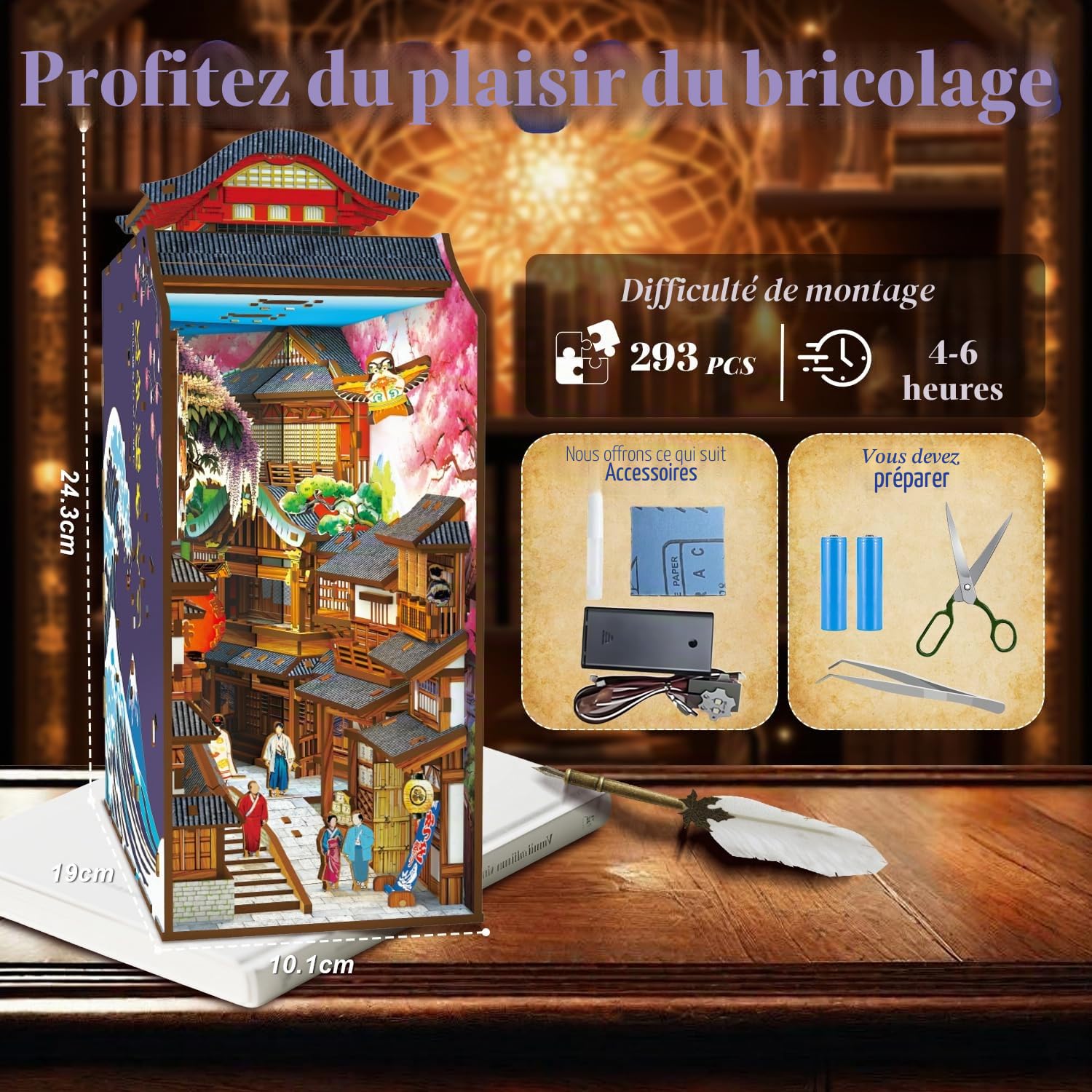 Book Nook Japon, 293 Pièces Book Nook Sakura Street Kit Japonais, DIY Miniature House avec Lumière, Miniature a Construire pour Adultes et Adolescents, Décoration Japonaise en Bois pour Adultes