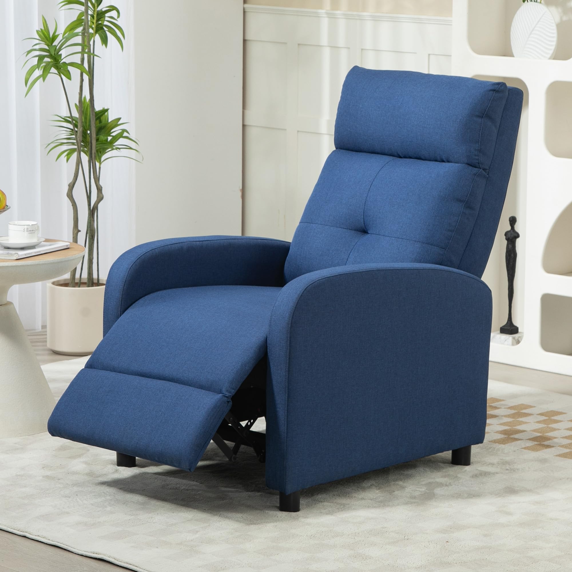 HOMCOM Sillón Relax Reclinable Manual, Sillón Relax de Lino con Apertura Push, Reposapiés, Respaldo Alto, Acolchado Grueso, Butaca Reclinable hasta 155º para Salón, Dormitorio, Oficina, Azul