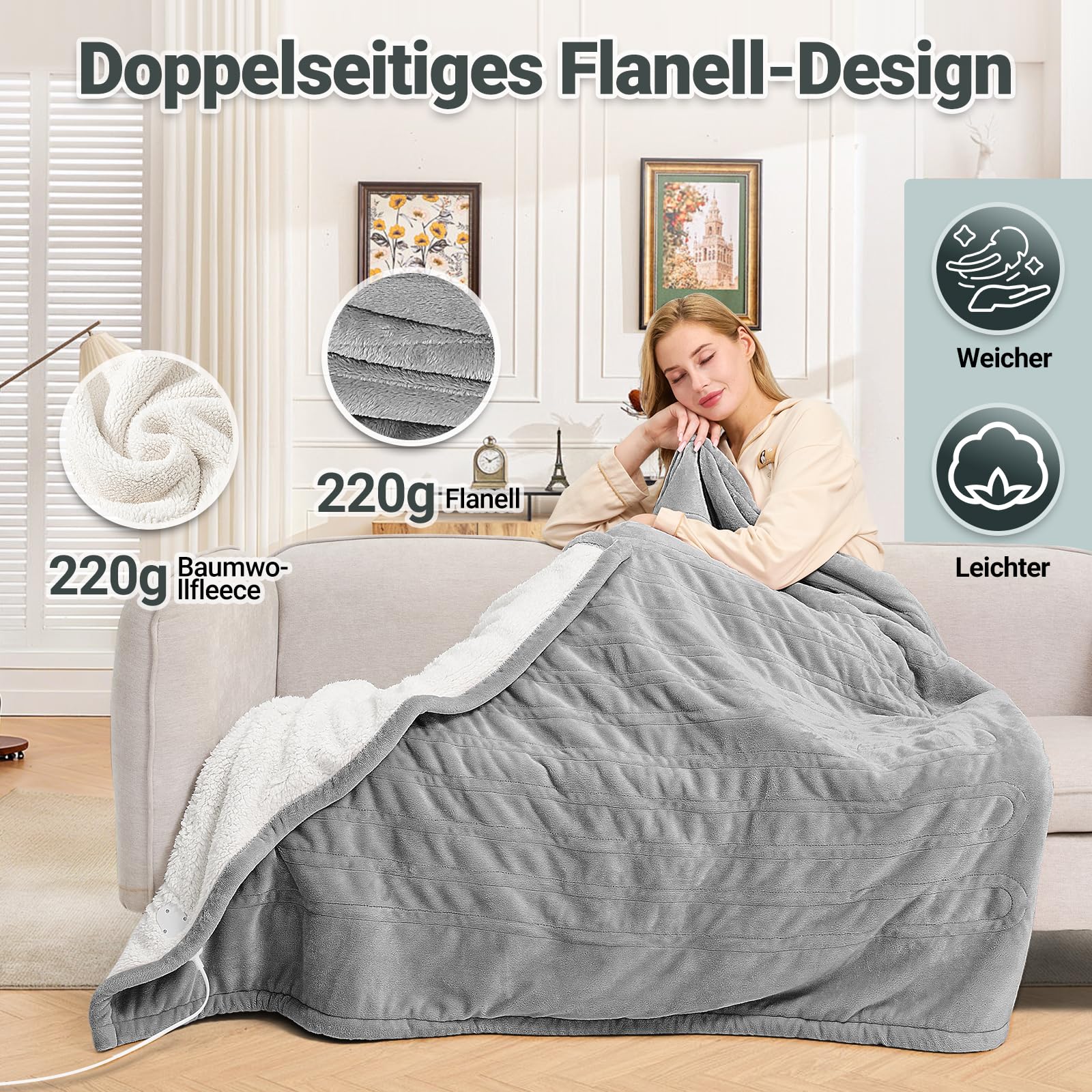 Charmofun Heizdecke mit Abschaltautomatik, 130x180CM Elektrische Wärmedecke, 8 Heizstufen, 12 Stunden Auto-Off-Timer, Maschinenwaschbar, Wärme doppel-Decke Flanell für Bett Sofa Büro