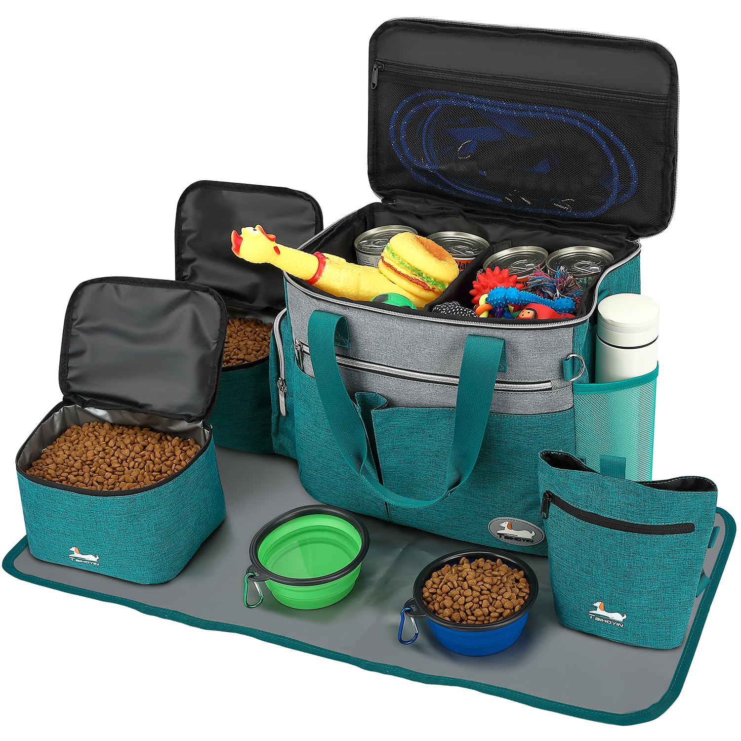 TAIHOYIN Dog Travel Bag for Pet Kit for Supplies with 2 Food Storage Containers 2 Collapsible Bowls 1 Feeding Mat 1 Dog Treat Pouch 7-Piece Set