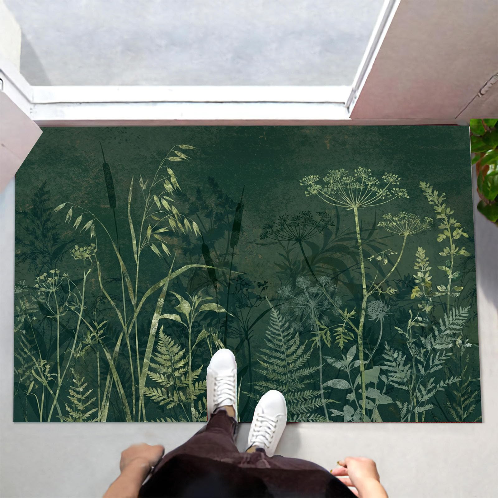 Felpudo Ultrafino para Interiores, 90X150Cm, Hiprato Brumosa Antigua Alfombra Antideslizante Lavable para Entrada, Resumen De Plantas Felpudo De Perfil Bajo, Atrapa Suciedad, Verde