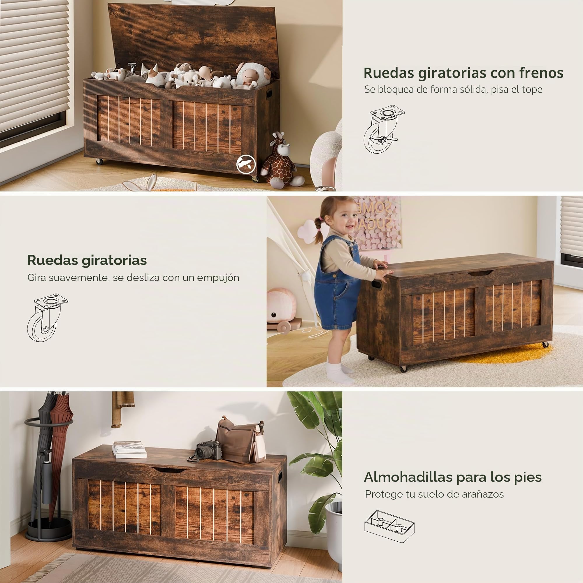 Mondeer Baúl de Almacenamiento, Banco de Almacenamiento con 4 Ruedas, Caja de Manta con 2 bisagras de Seguridad, Estilo Moderno, para Pasillo, Dormitorio, Sala de Estar, 40 x 100 x 49 cm, marrón