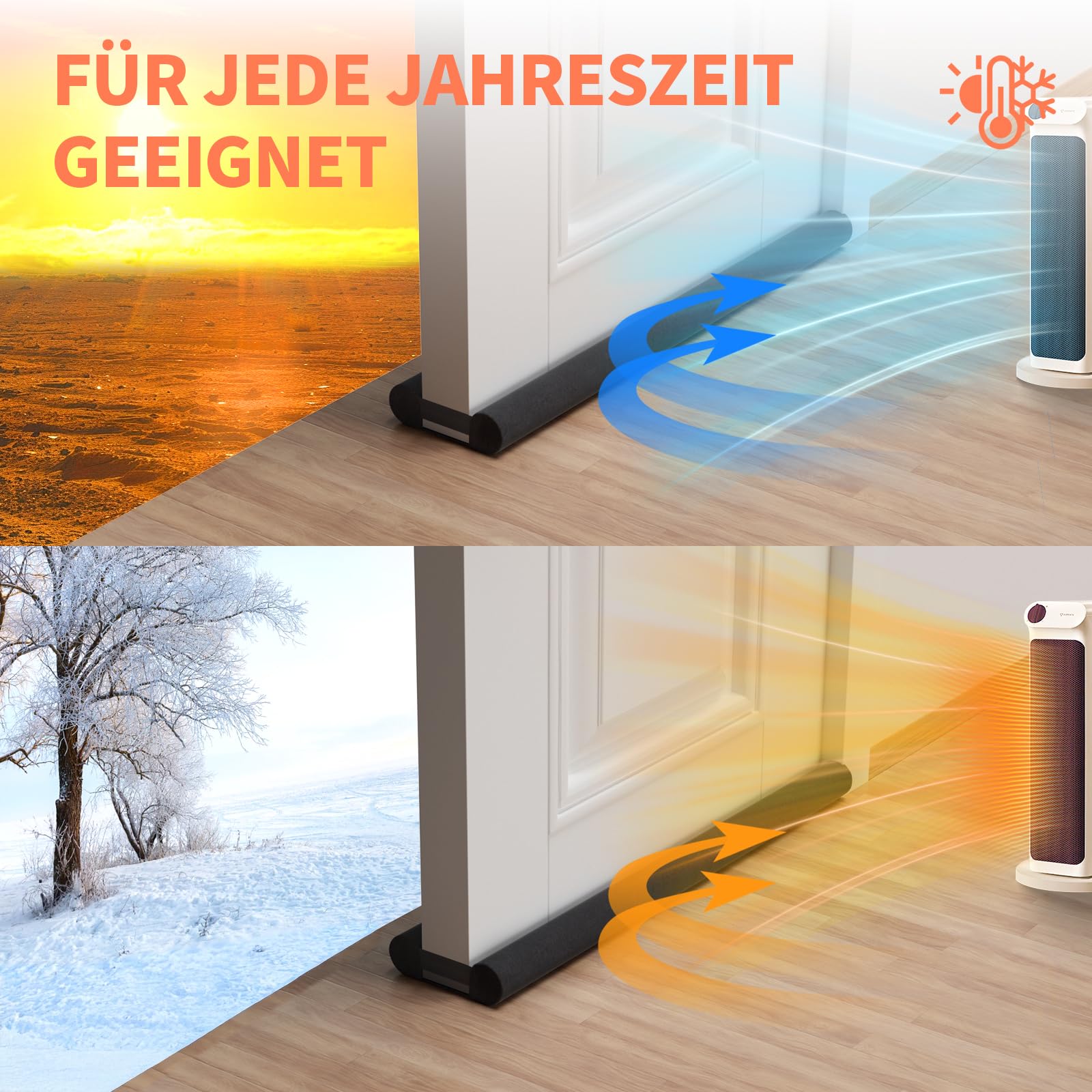 BKSAI Zugluftstopper für Türen Rückstandlos Türdichtung Haustür 60-110CM Windstopper Kälteschutz Schallschutz Unten Türbodendichtung Luftzugstopper gegen Zugluft, Schall & Insekten Waschbar