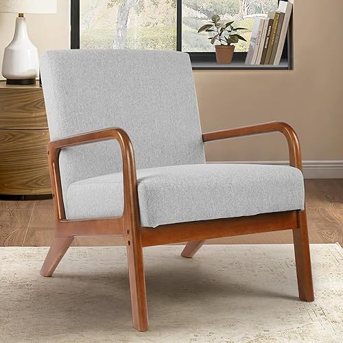 thksbought Silla decorativa con silla moderna de madera, silla lateral de tela, sofá individual para sala de estar, dormitorio (1, gris claro)