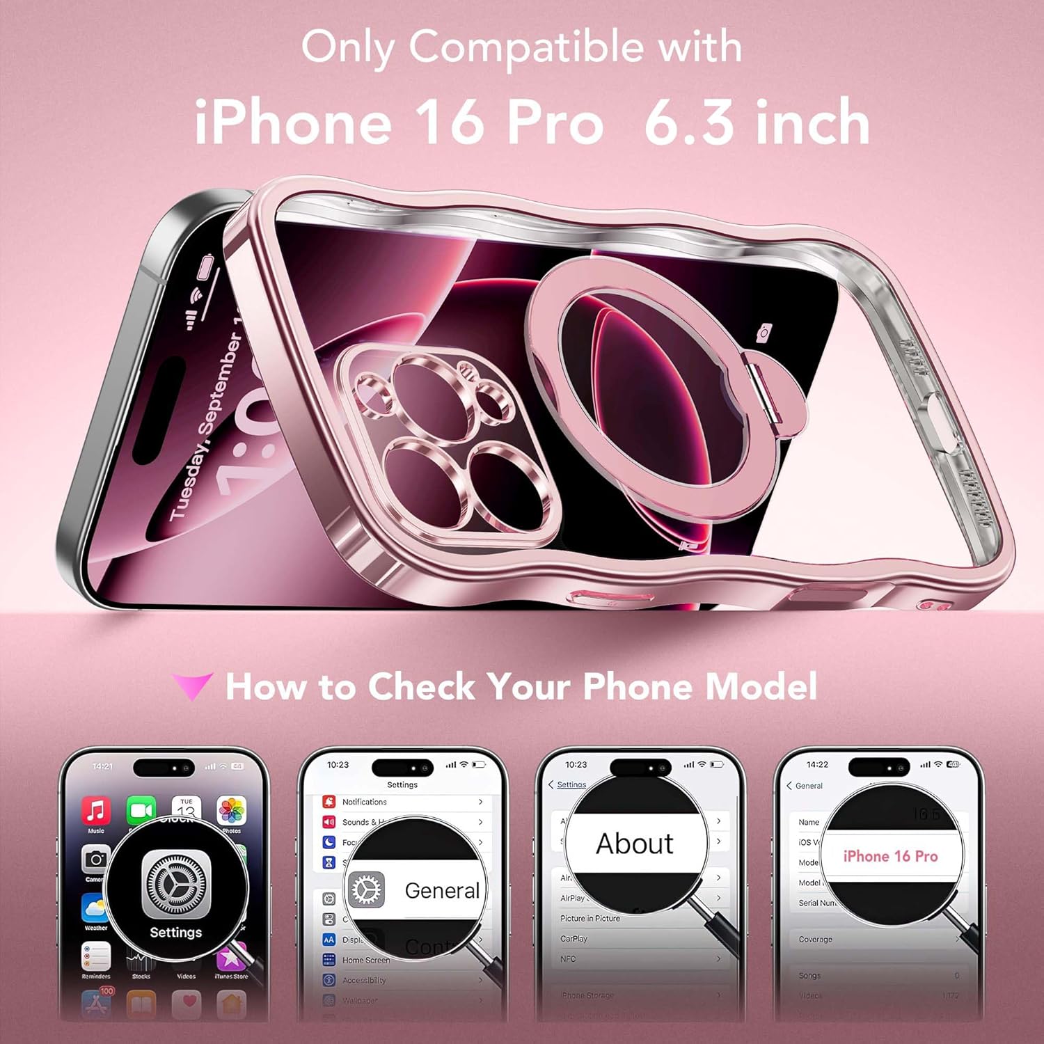 for iPhone 16 Pro Case with 360° Spin Magnetic Stand Ring [Compatible with MagSafe][Military Protection][Camera Control Button]Cute Anti-slip Wave Phone Case for 16 Pro 6.3 Inch, Pink/Clear - Image 2