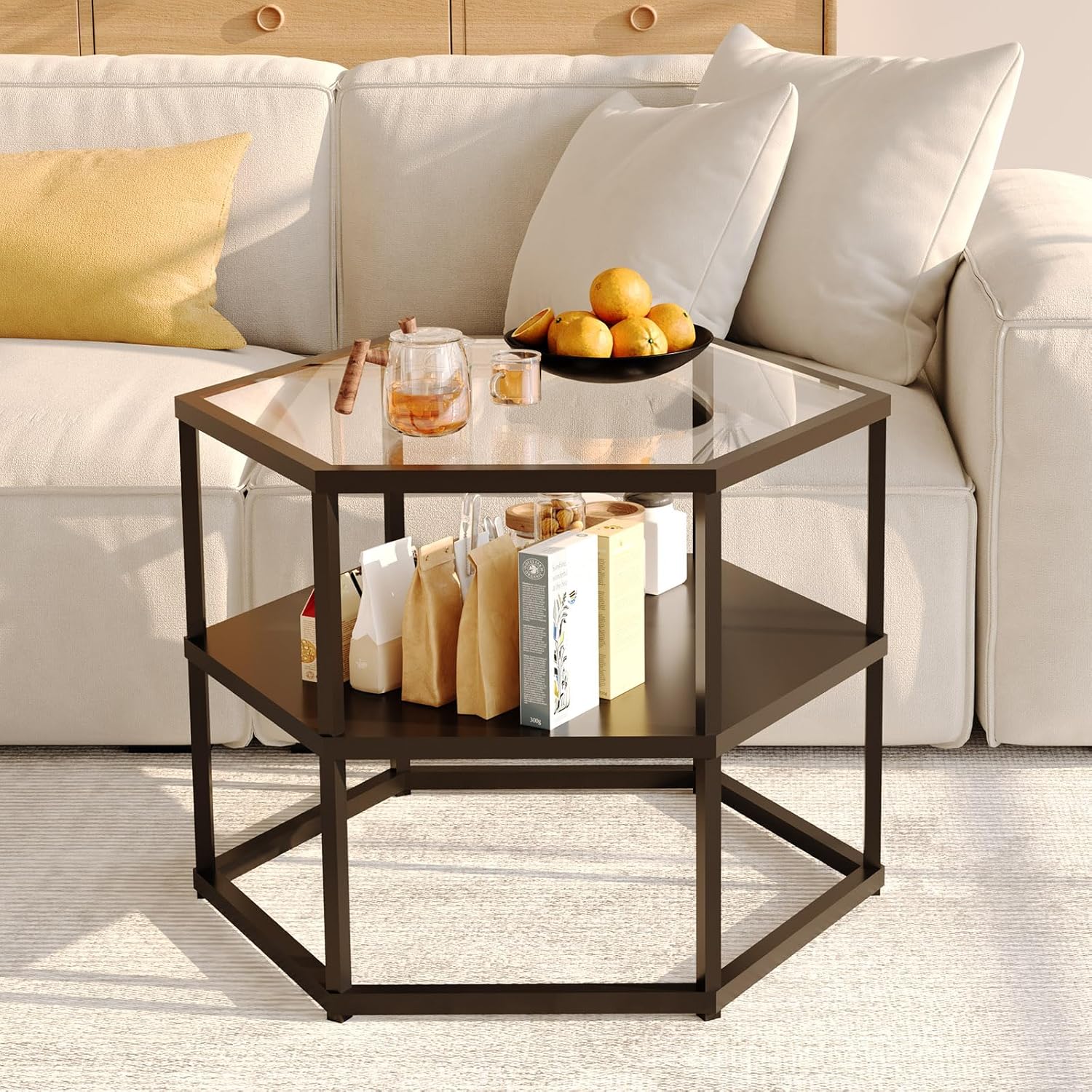  Glass Coffee Table, Small Coffee Tables for Living Room, Modern Black Center Table with 2-Tier Storage Shelf, Sofa Side Table with Metal Steel Frame, Circle Coffee Table for Home Office