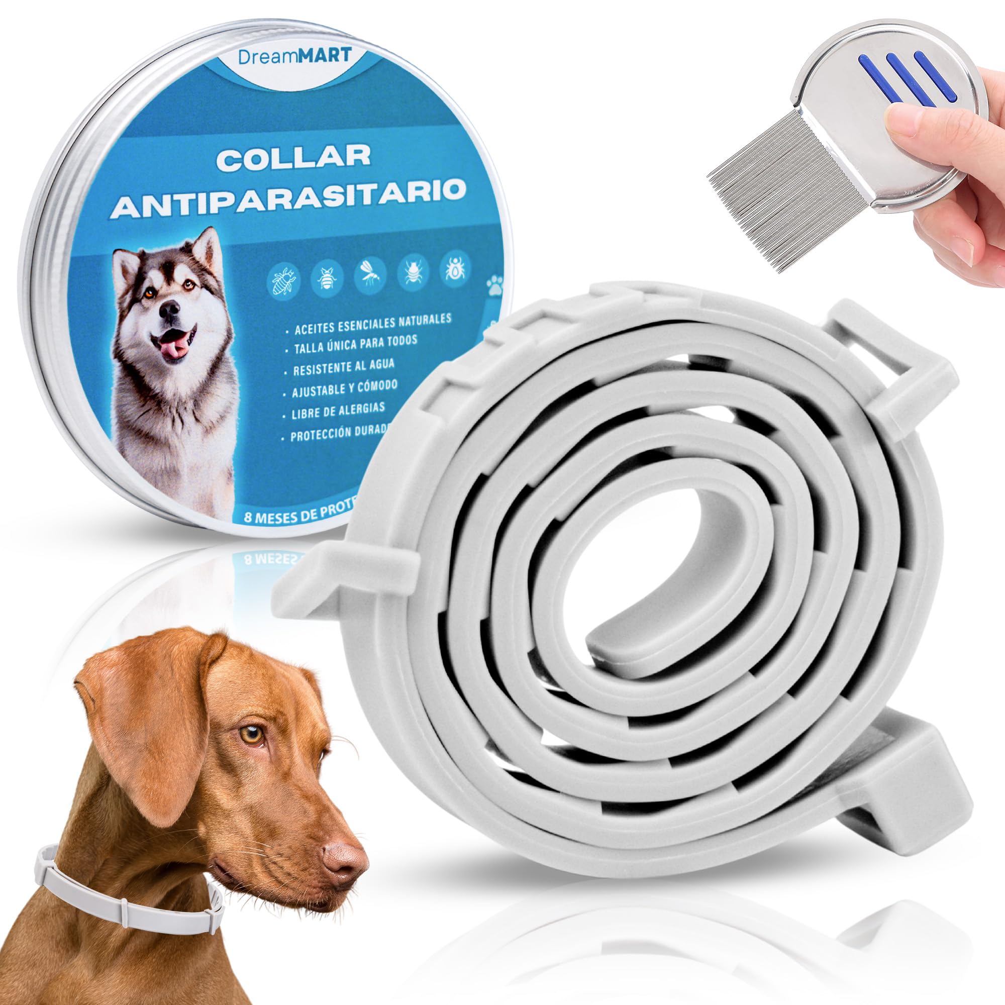 Collar Antiparasitario Perros, Collar Antipulgas Perros + Peine Antipiojos, Protección de 8 Meses, Collar Antipulgas y Garrapatas de 63.5cm para Mascotas Pequeñas, Medianas y Grandes