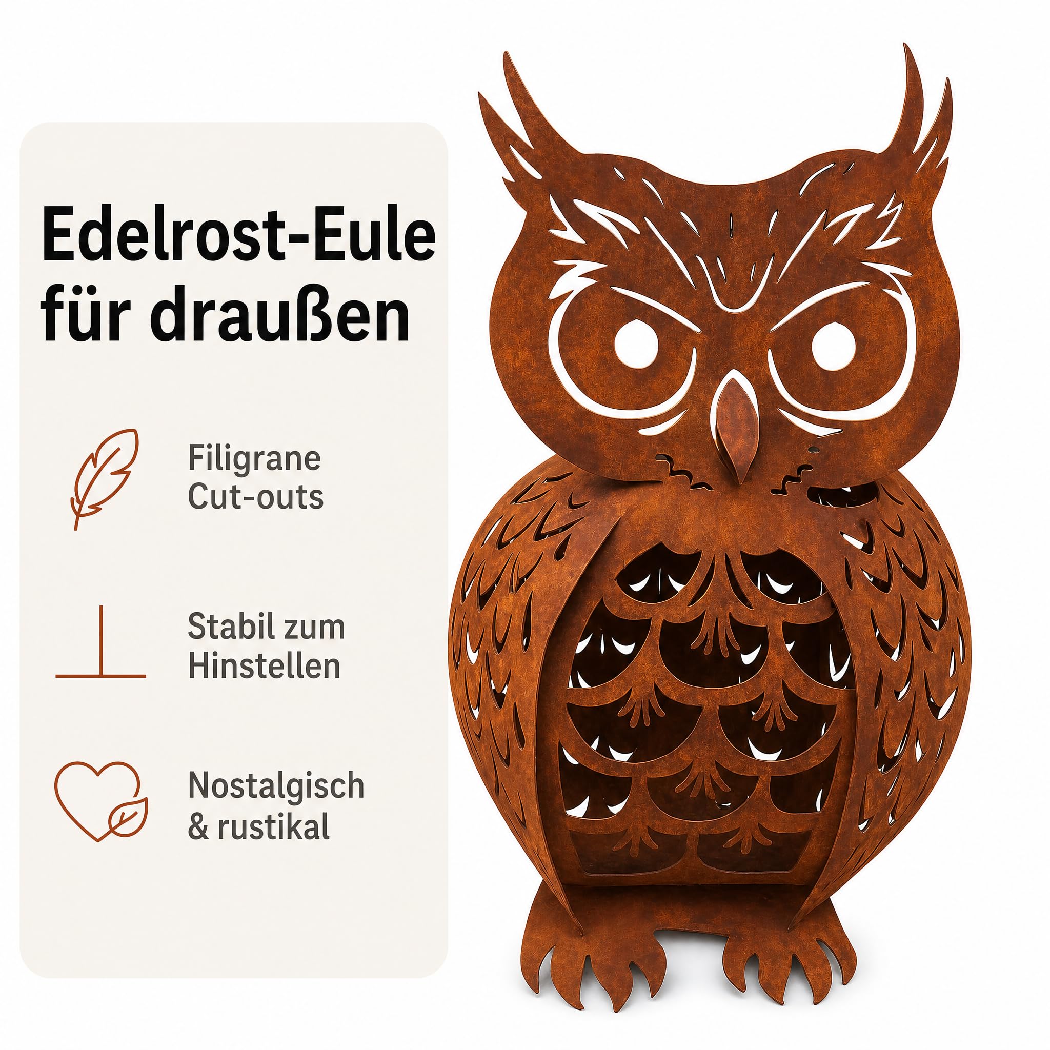 Gartendeko Rost – Eule aus Metall mit Edelrost-Patina, Filigrane Ausstanzungen, hohler Korpus für Lichtakzente, zum Hinstellen für Garten & Terrasse, 62 x 35 cm