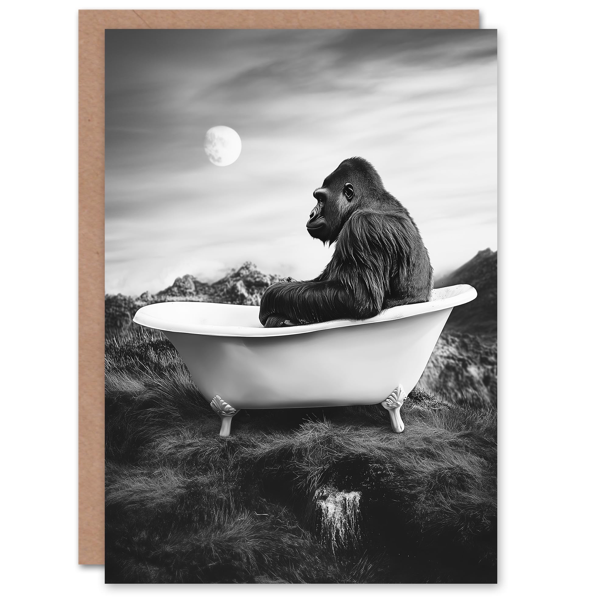Artery8 Greeting Card Gorilla Ape in Bathtub Black White Valley Surreal Blank For Him Or Her Art Birthday Card