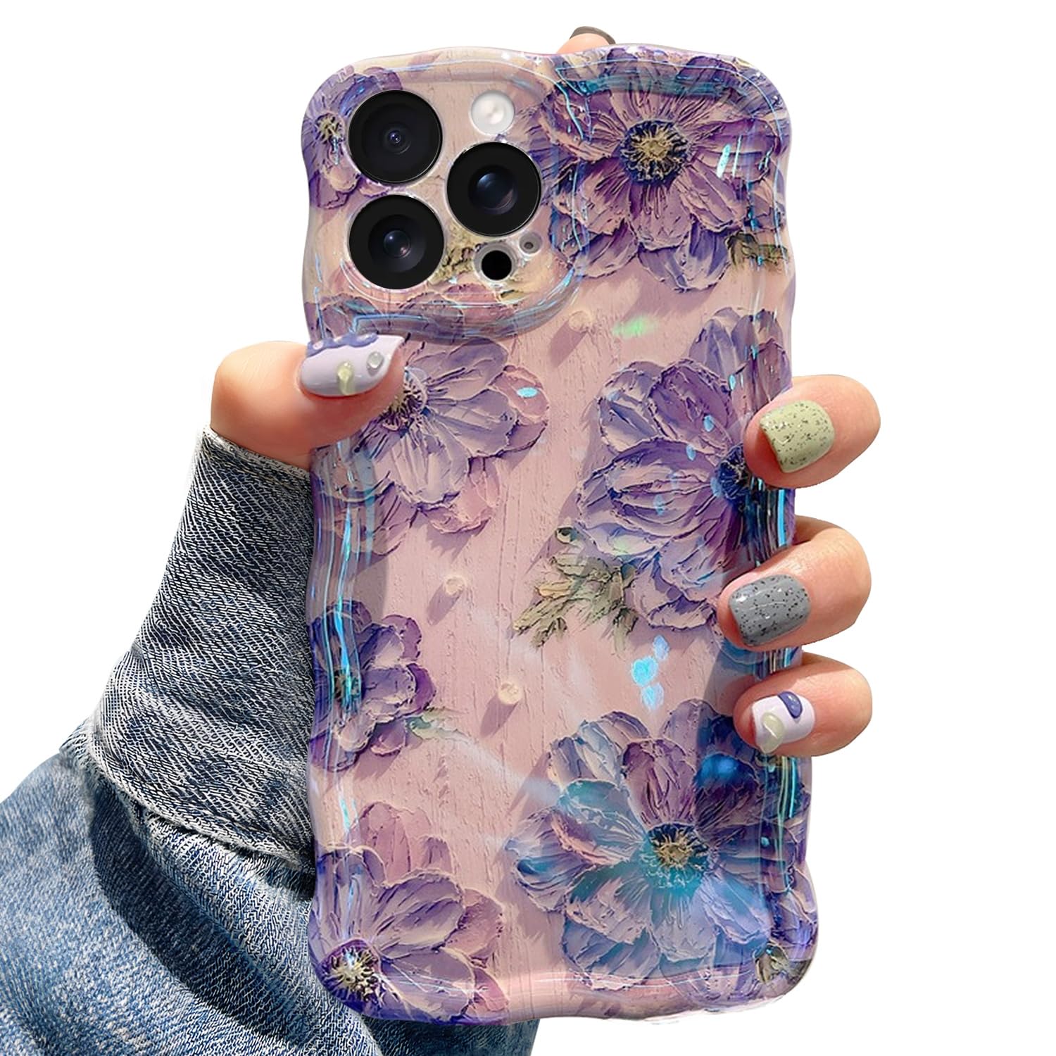 T Tersely for iPhone 16 Pro Max Case for Women Girl Oil Painting Flowers Laser Beam Glossy Pattern Waves Border Cover Silicone Shockproof Phone Case-Purple