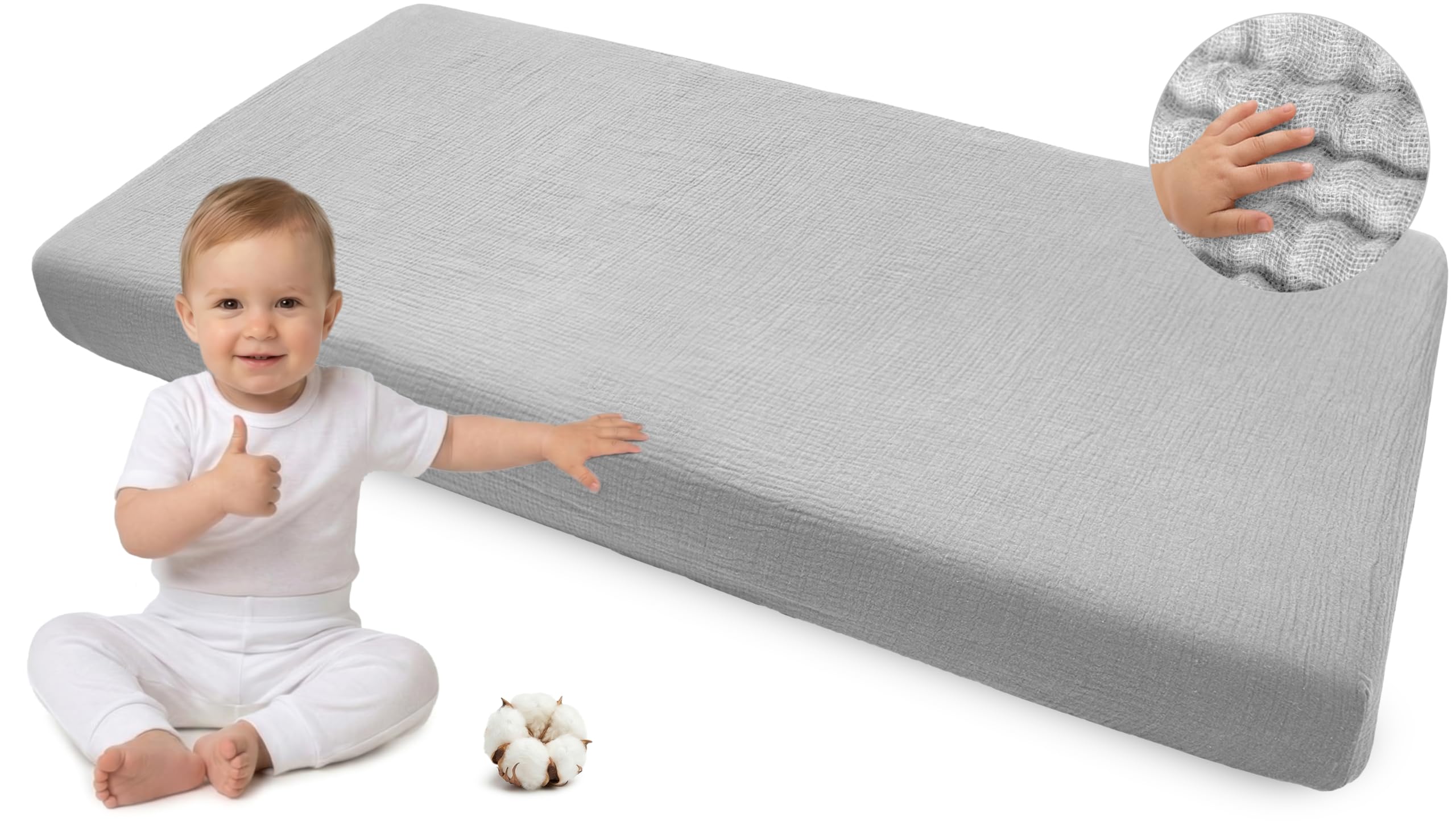 Medi Partners Fitted Sheet 60 x 120 cm Baby Bed Sheet Cot Fitted Sheet 100% Cotton Muslin Fitted Children's Sheet Bed Linen Baby Mattress Sleeping Bag Baby Bed (Grey)