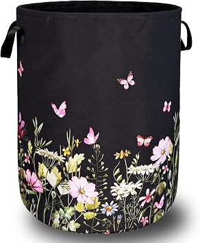 Beautiful Flowers Laundry Hamper With Handles Foldable Oxford Cloth Butterfly Tote Bag Floral Colorful Laundry Basket Clothes Toy Storage Bucket 18.9"x16.5" For Bathroom/Laundry/Bedroom