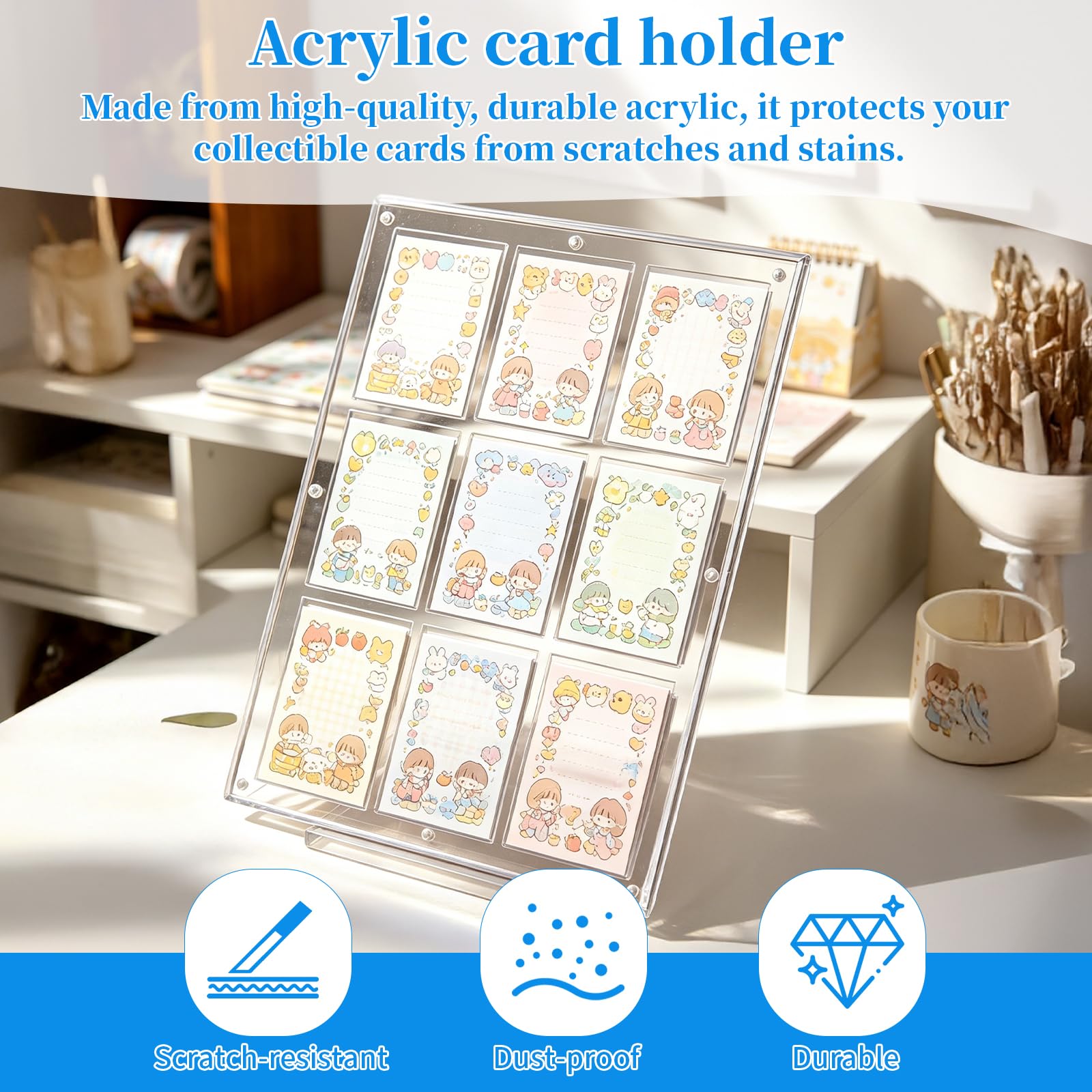 SWAWIS Porte-cartes en acrylique 31,4 x 24 x 0,65 cm avec socle, porte-cartes magnétique résistant aux UV, collections, photos, pour 9 emplacements pour cartes