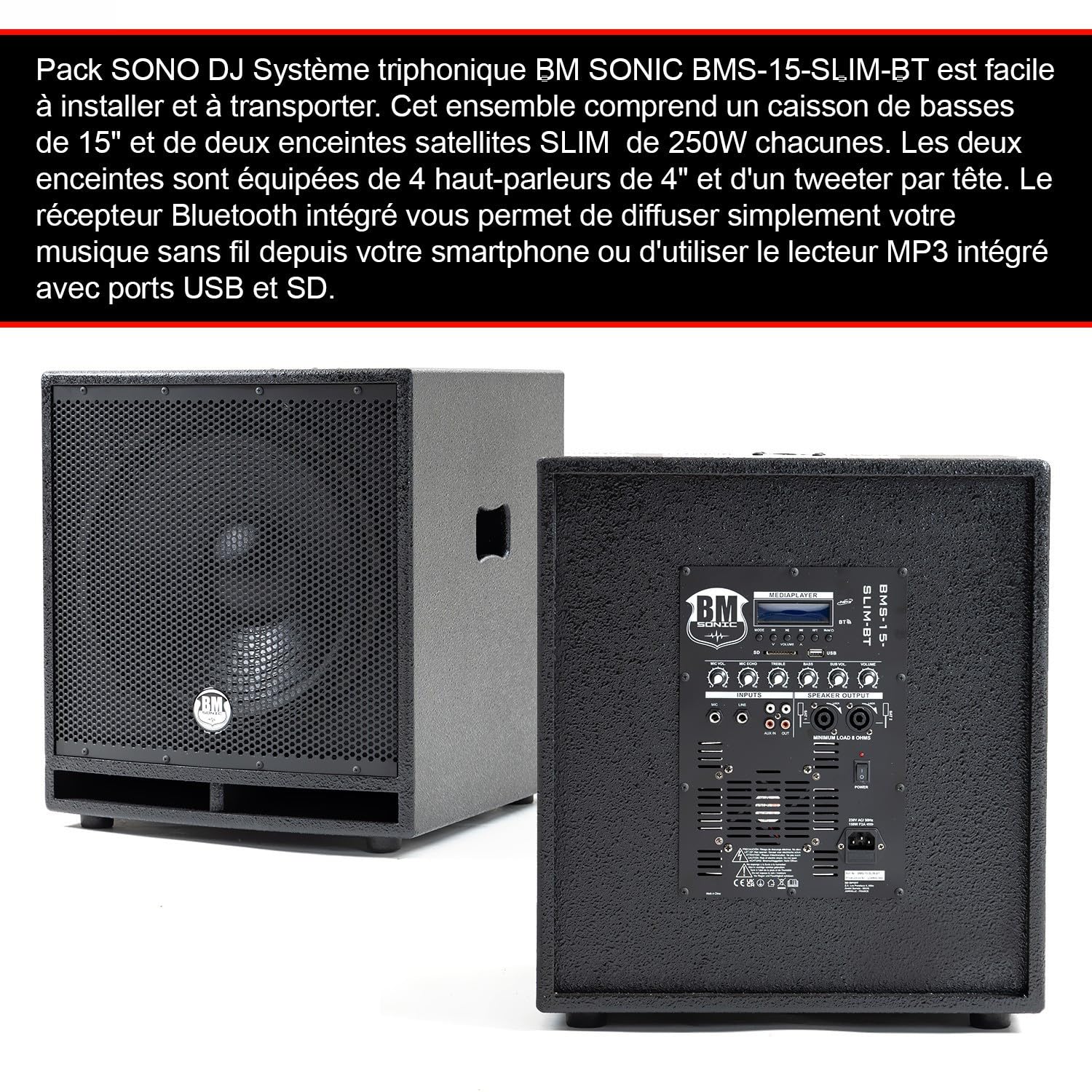 Pack Sonorisation DJ Complet BM Bmsonic BMS-15-SLIM-BT, 1200W Enceintes Satellites, SUB 38cm USB/Bluetooth, Supports Câbles, Micro