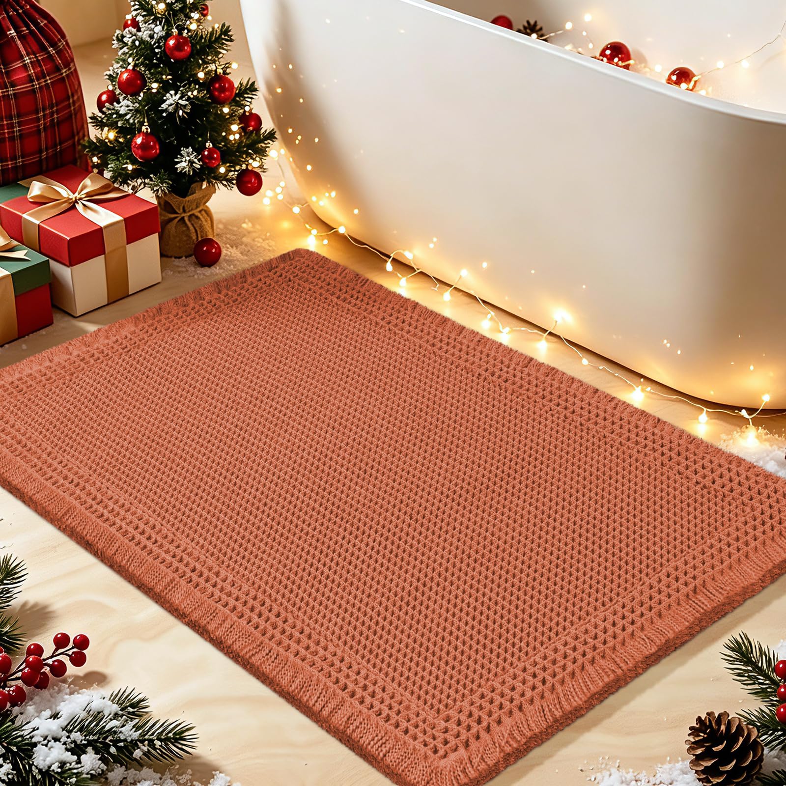 Upgrade Waffle Bath Mat, Boho Bathroom Rugs Absorbent Non Slip, Ultra Soft Bathroom Mat, Machine Washable Knit Bath Rugs with Border for Bathroom, Bedroom, Kitchen, Shower,Tub, 36"x24", Burnt Orange