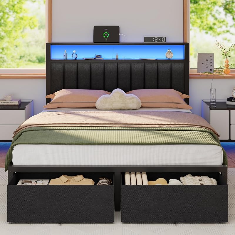 Furnulem Queen Bed Frame with Storage Drawers and Upholstered Headboard