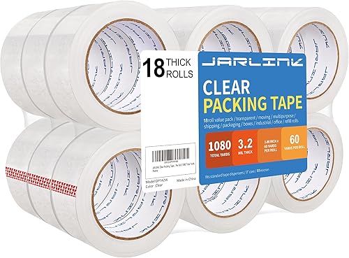 JARLINK Cinta de embalaje transparente (18 rollos), cinta de embalaje resistente para embalaje de envío, sellado en movimiento, 3.2 mil de grosor,
