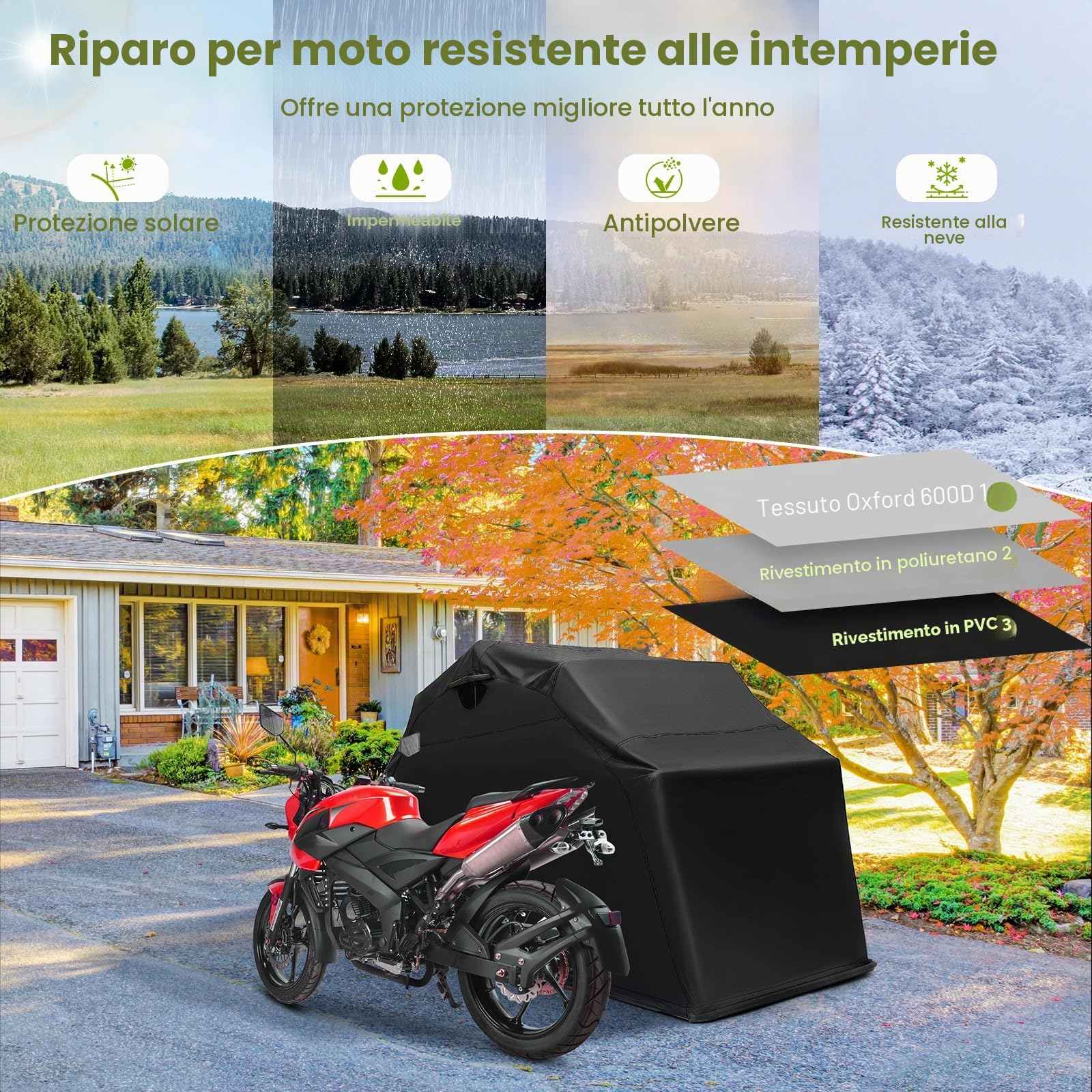 SOARS Casetta da giardino 342 x 137 x 193 cm, copertura per moto da esterno in tessuto Oxford impermeabile, base in metallo, costruzione stabile, finestra arrotolabile, per moto, bicicletta, giardino