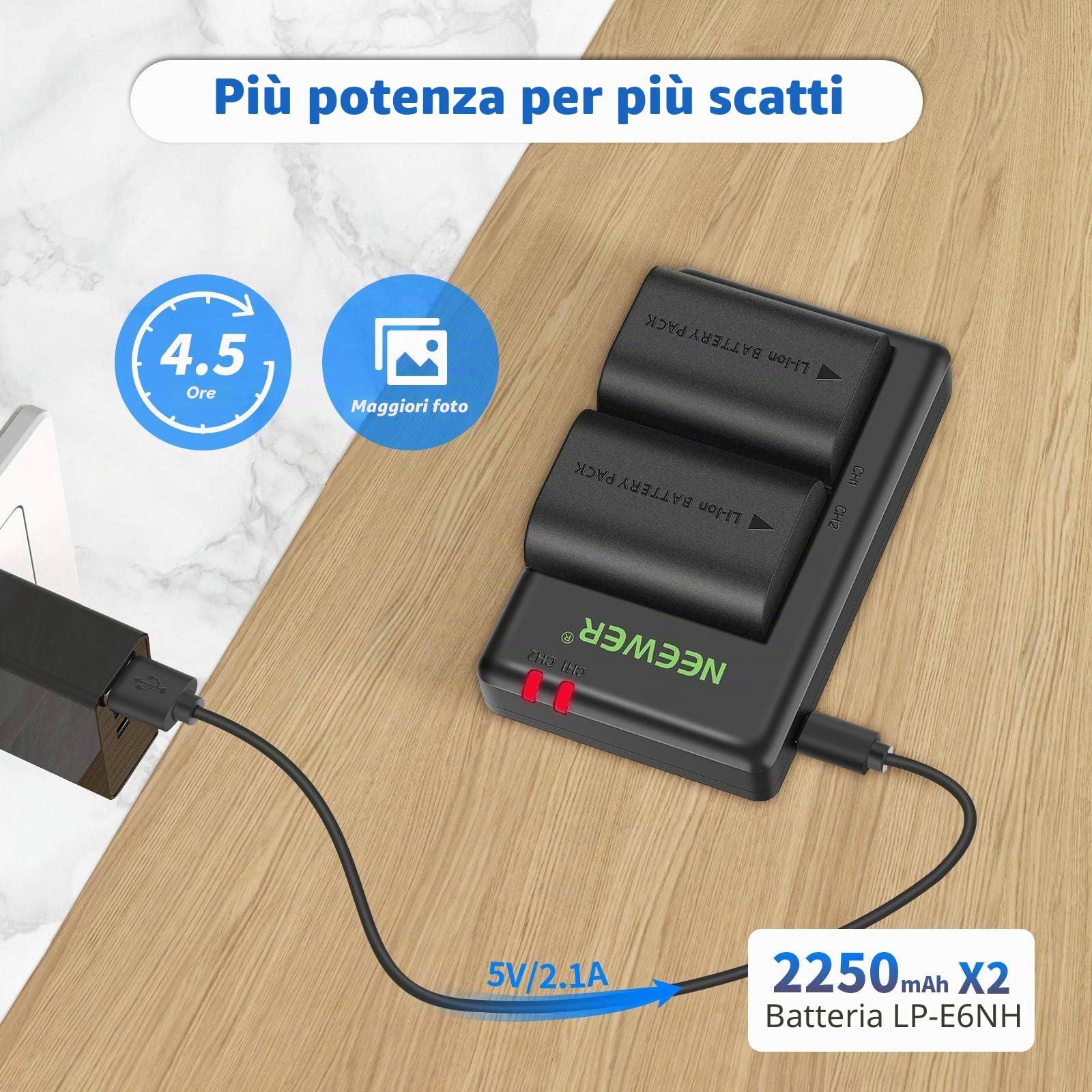 NEEWER Batteria di Ricambio LP-E6NH Caricabatterie Ricaricabile Compatibile con Canon EOS R7, R5, R6, 5D II, 6D, 7D, 70D, 80D, 90D, 2-Pack Batterie da 2250mAh e Caricatore USB a Doppio Canale