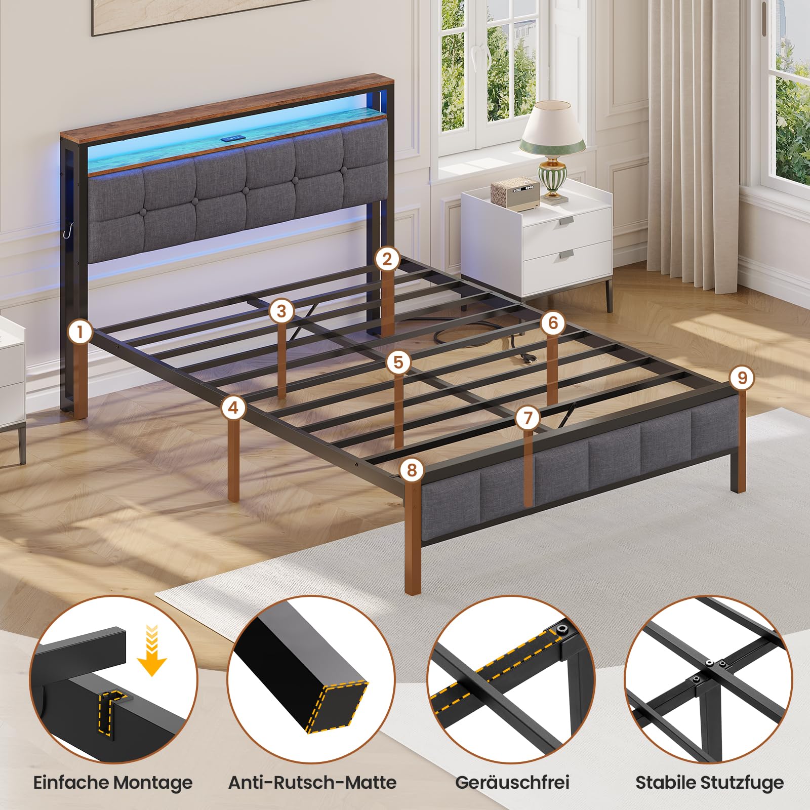 AOGLLATI Polsterbett 140x200 mit Ladestation Bett 140X200 mit LED-Beleuchtung,Bettgestell mit Lattenrost Metallbett Jugendbett mit Kopfteil aus Leinenstoff (140×200cm)